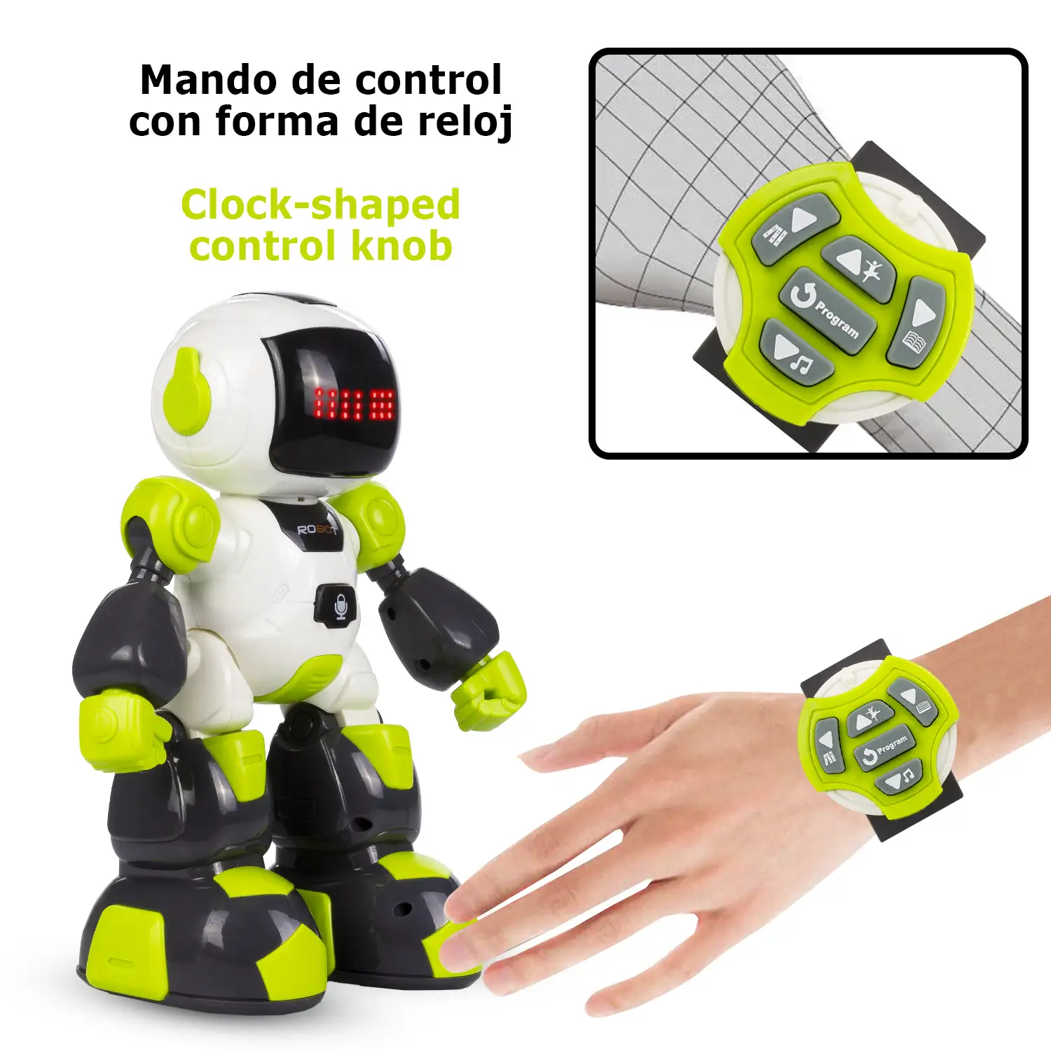 Mini Robot por control remoto. Mando a distancia infrarrojo pulsera. Funciones programables. Modos automáticos: baila, cuenta historias, música.