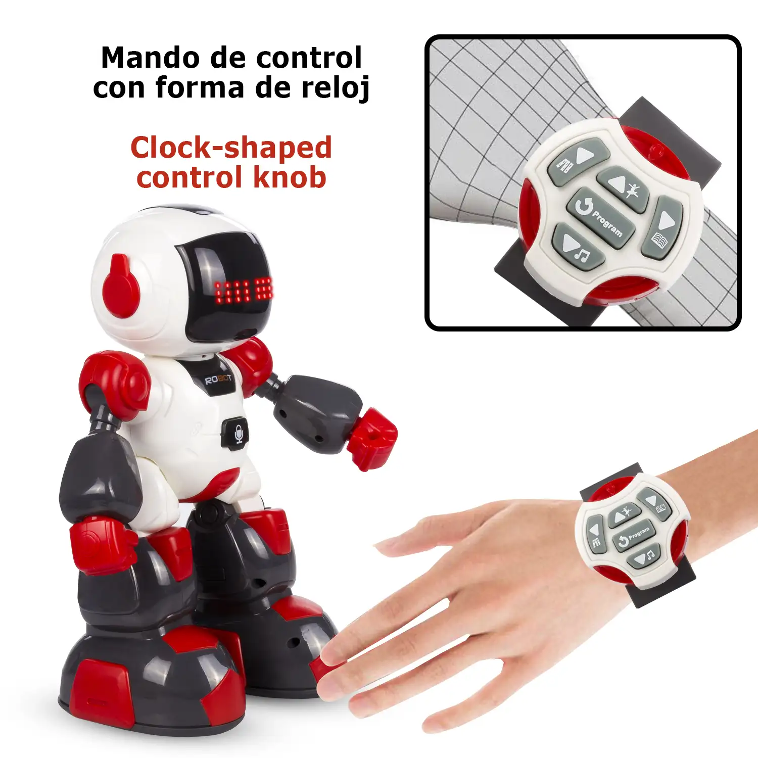 Mini Robot por control remoto. Mando a distancia infrarrojo pulsera. Funciones programables. Modos automáticos: baila, cuenta historias, música.