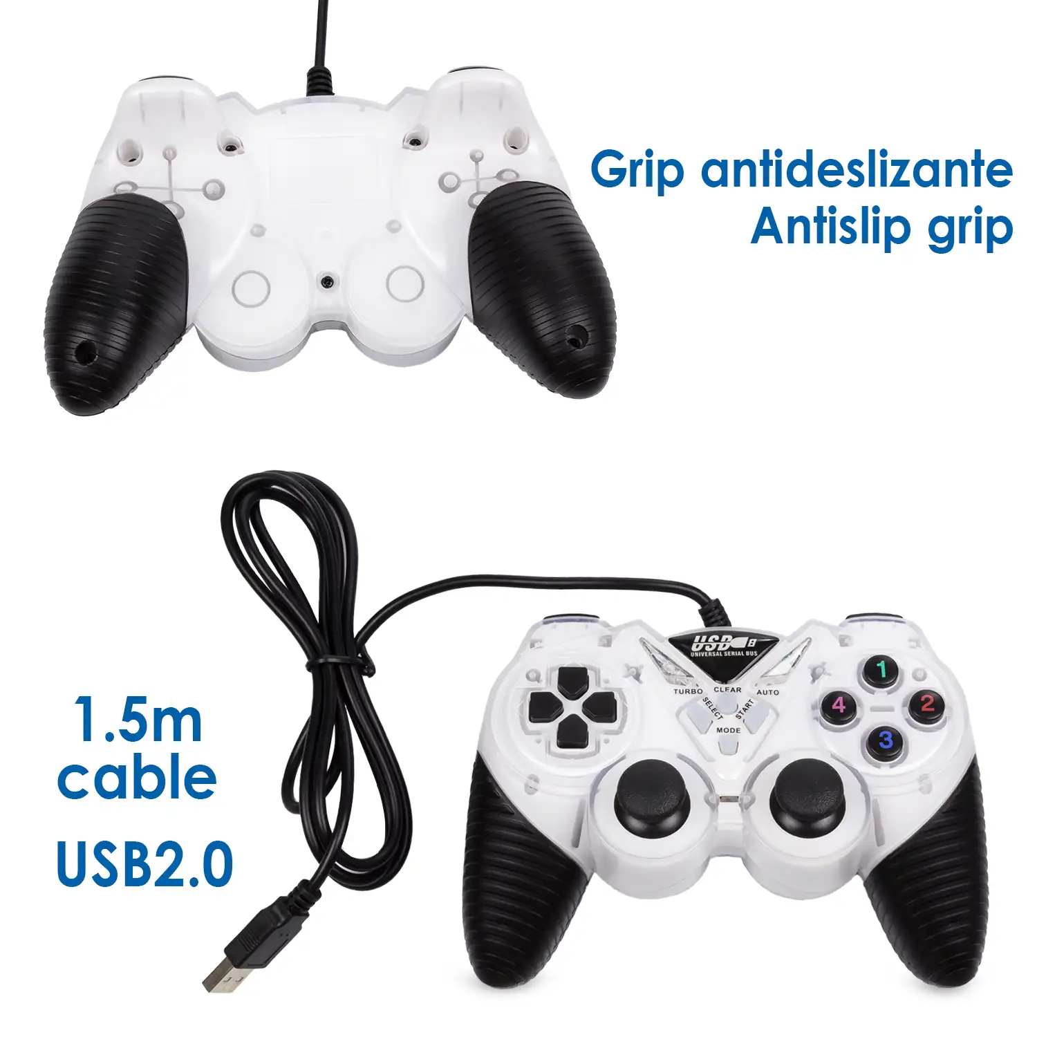 Mando gaming USB para PC, con cable. 12 botones, joysticks analógicos.