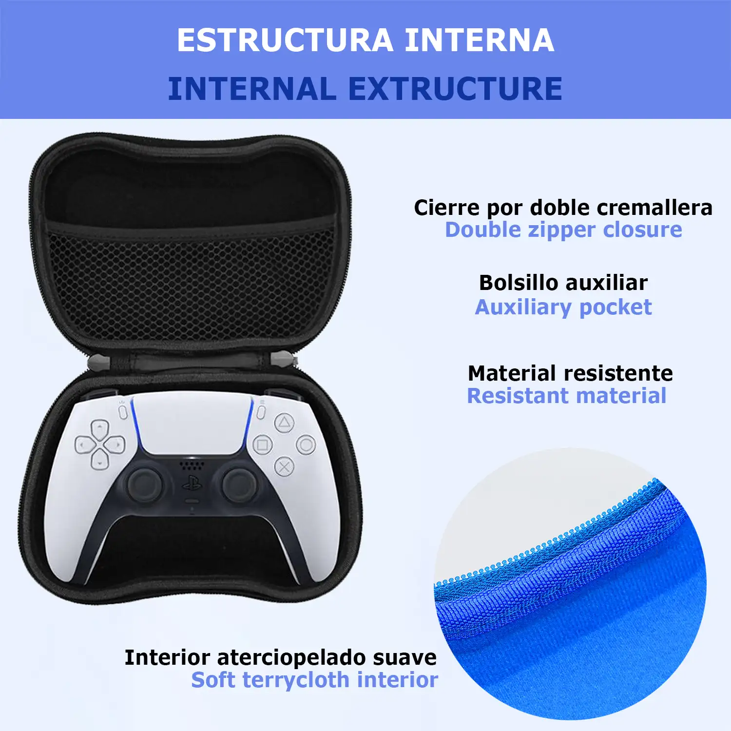 Funda para mando de PS5. Semi rígida, con asa, interior aterciopelado suave y cierre de cremallera.