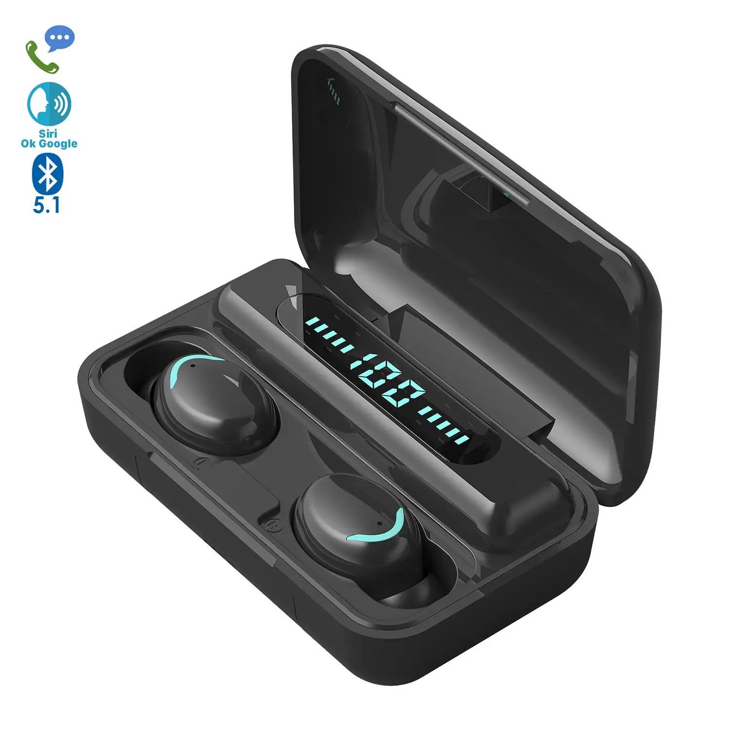 Auriculares TWS F9-5C Bluetooth 5.1, control táctil. Base de carga con pantalla led, 1500mAh y función powerbank.