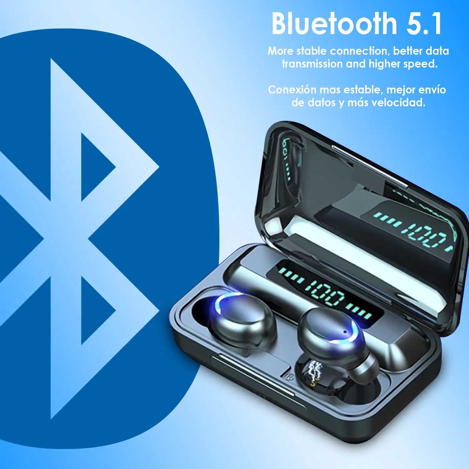 Auriculares TWS F9-5C Bluetooth 5.1, control táctil. Base de carga con pantalla led, 1500mAh y función powerbank.