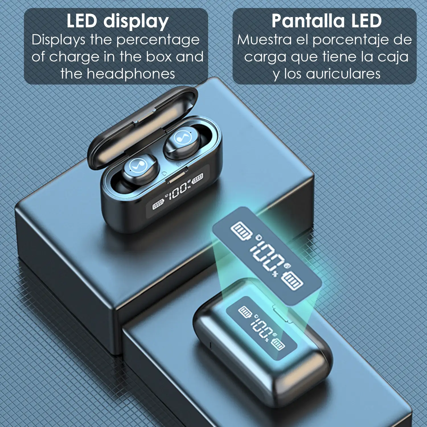 Auriculares TWS BTH-281 Bluetooth 5.0, control táctil. Base de carga con pantalla led, 2200mAh, función Powerbank.