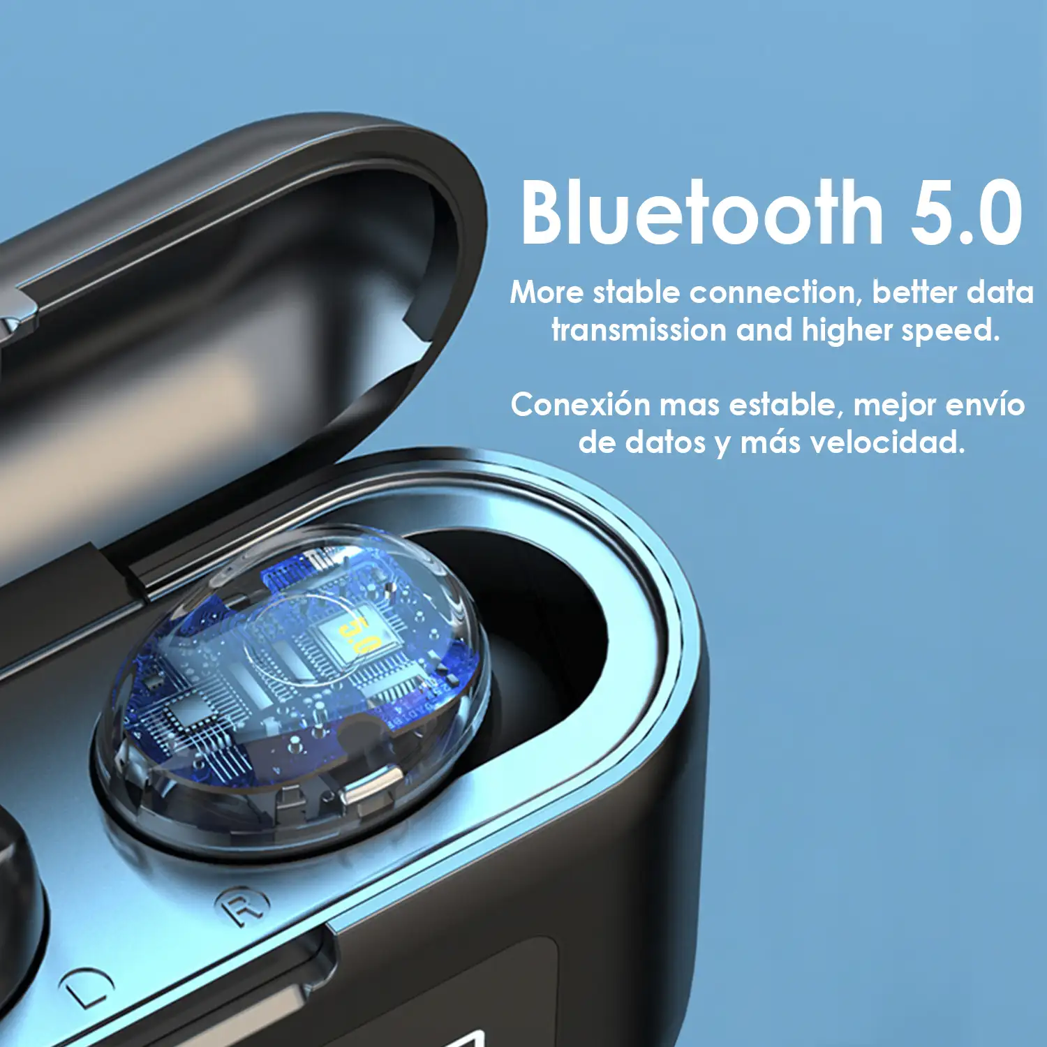 Auriculares TWS BTH-281 Bluetooth 5.0, control táctil. Base de carga con pantalla led, 2200mAh, función Powerbank.