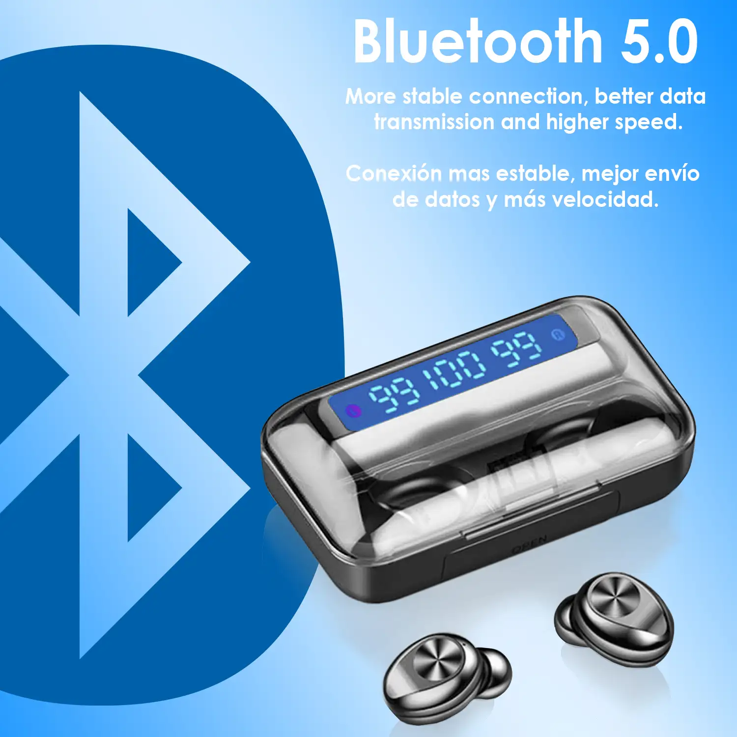 Auriculares TWS BTH-F9-10 Bluetooth 5.0, control táctil. Base de carga con pantalla led, 2000mAh con función powerbank.