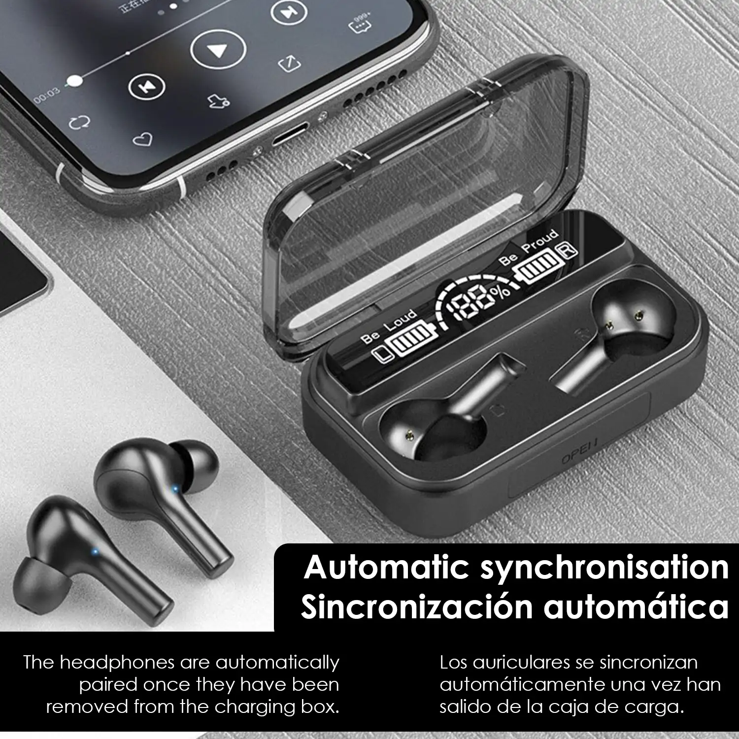 Auriculares TWS BTH-278 Bluetooth 5.0, control táctil. Base de carga con pantalla led, 2000mAh con función powerbank.