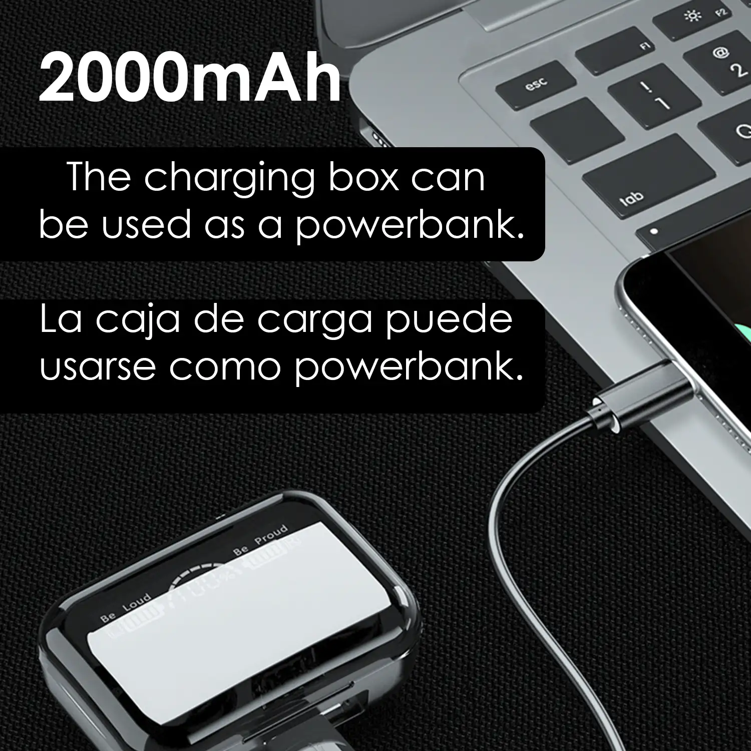 Auriculares TWS BTH-278 Bluetooth 5.0, control táctil. Base de carga con pantalla led, 2000mAh con función powerbank.