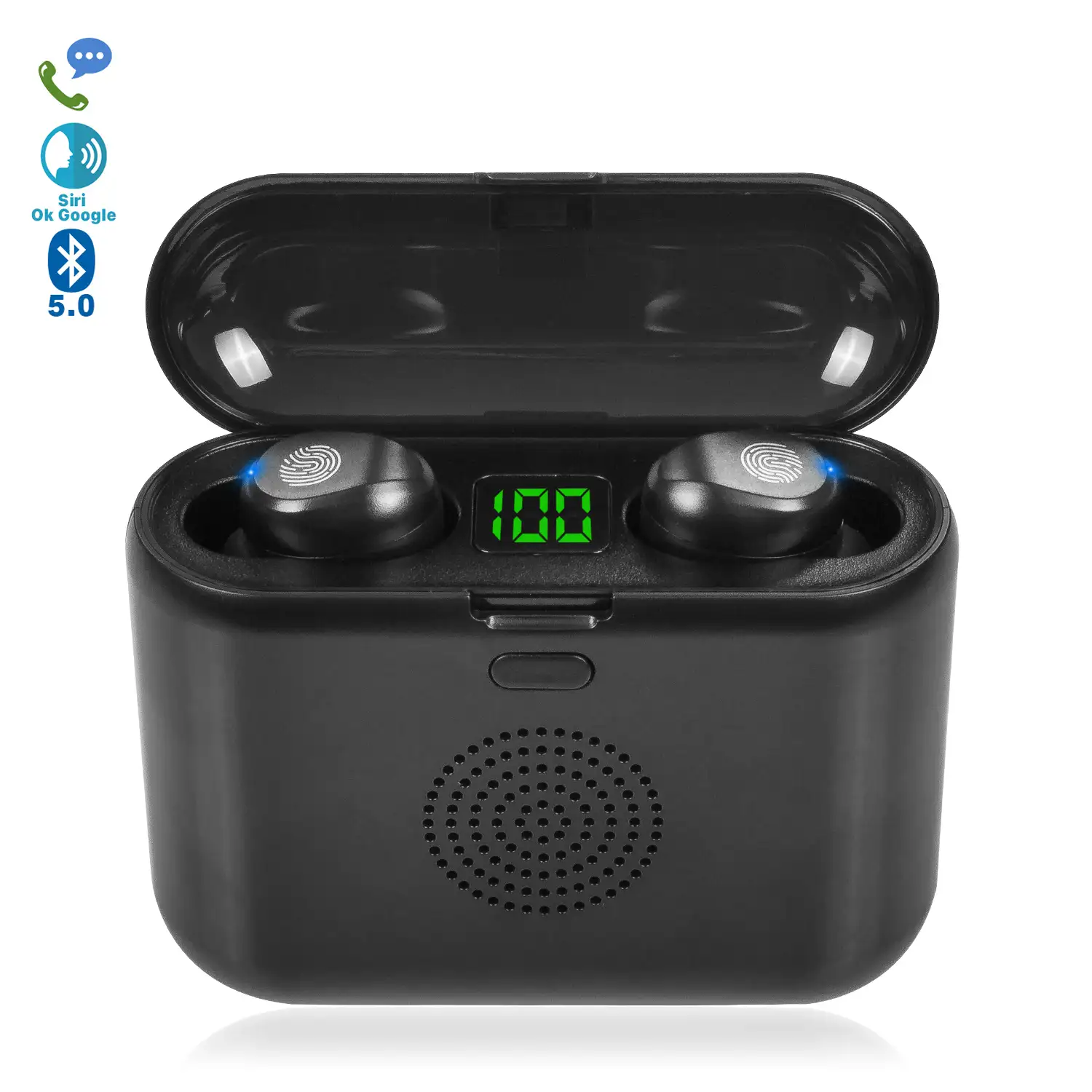 Auriculares TWS F9 Bluetooth 5.0. Base de carga con altavoz de 3W incorporado y función Powerbank, 2000mAh.