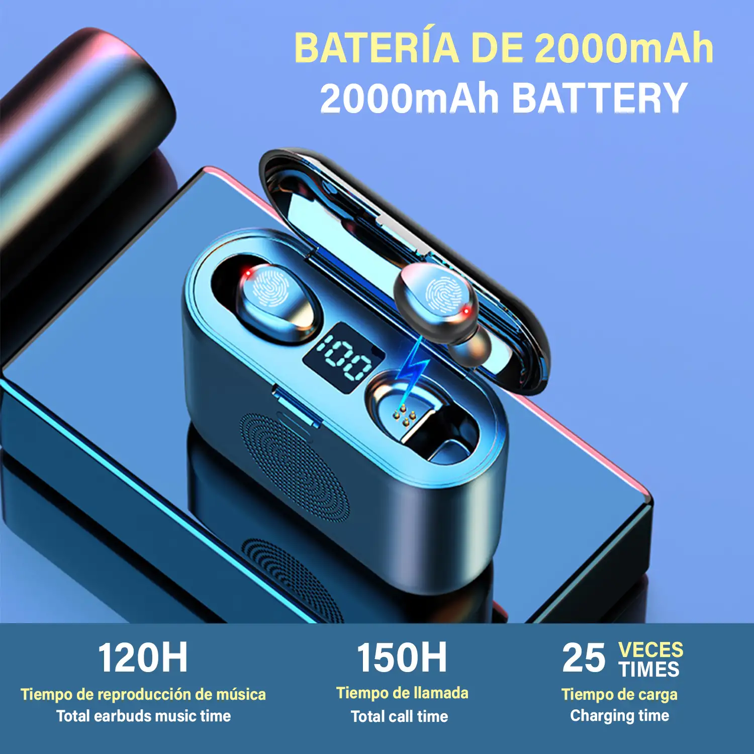 Auriculares TWS F9 Bluetooth 5.0. Base de carga con altavoz de 3W incorporado y función Powerbank, 2000mAh.