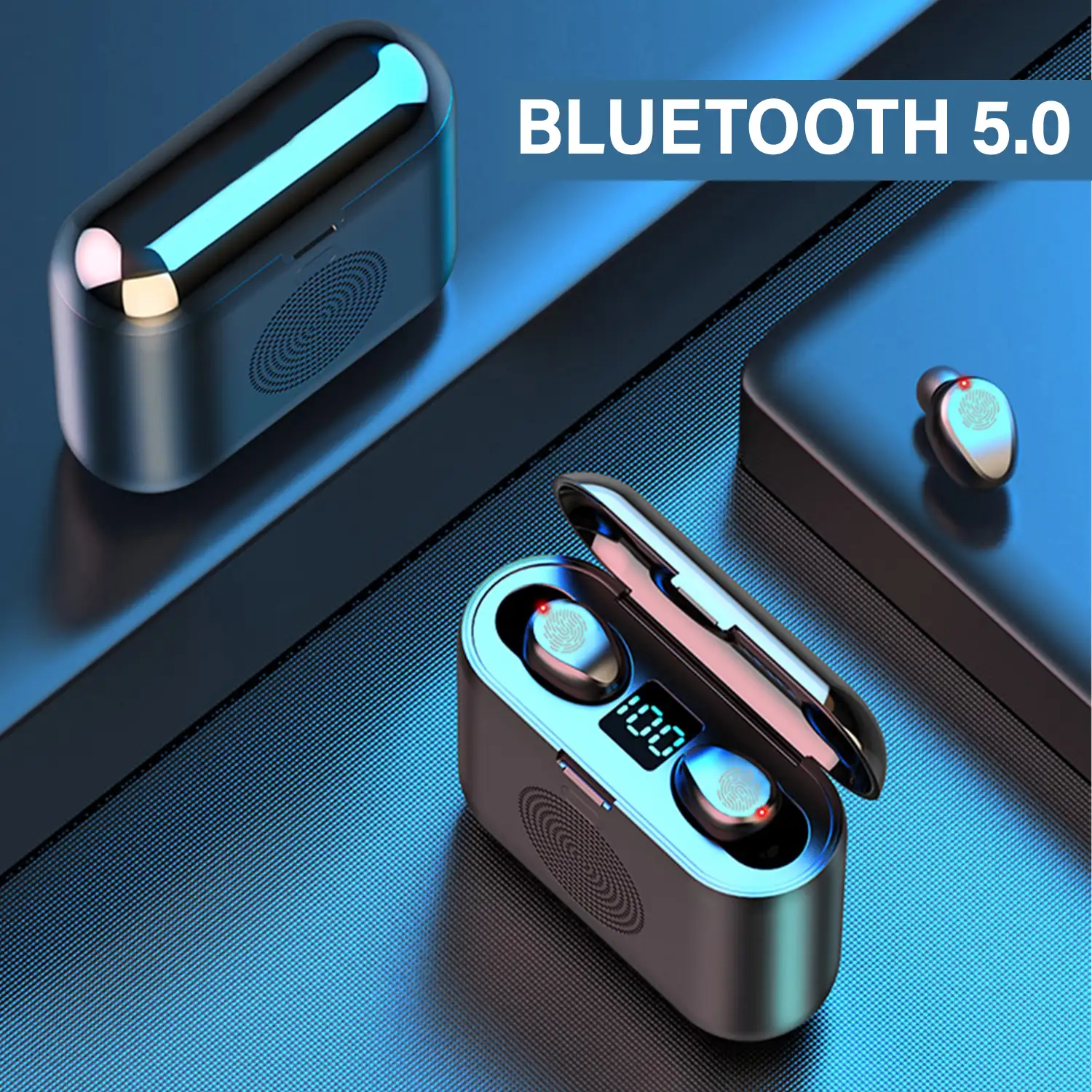 Auriculares TWS F9 Bluetooth 5.0. Base de carga con altavoz de 3W incorporado y función Powerbank, 2000mAh.