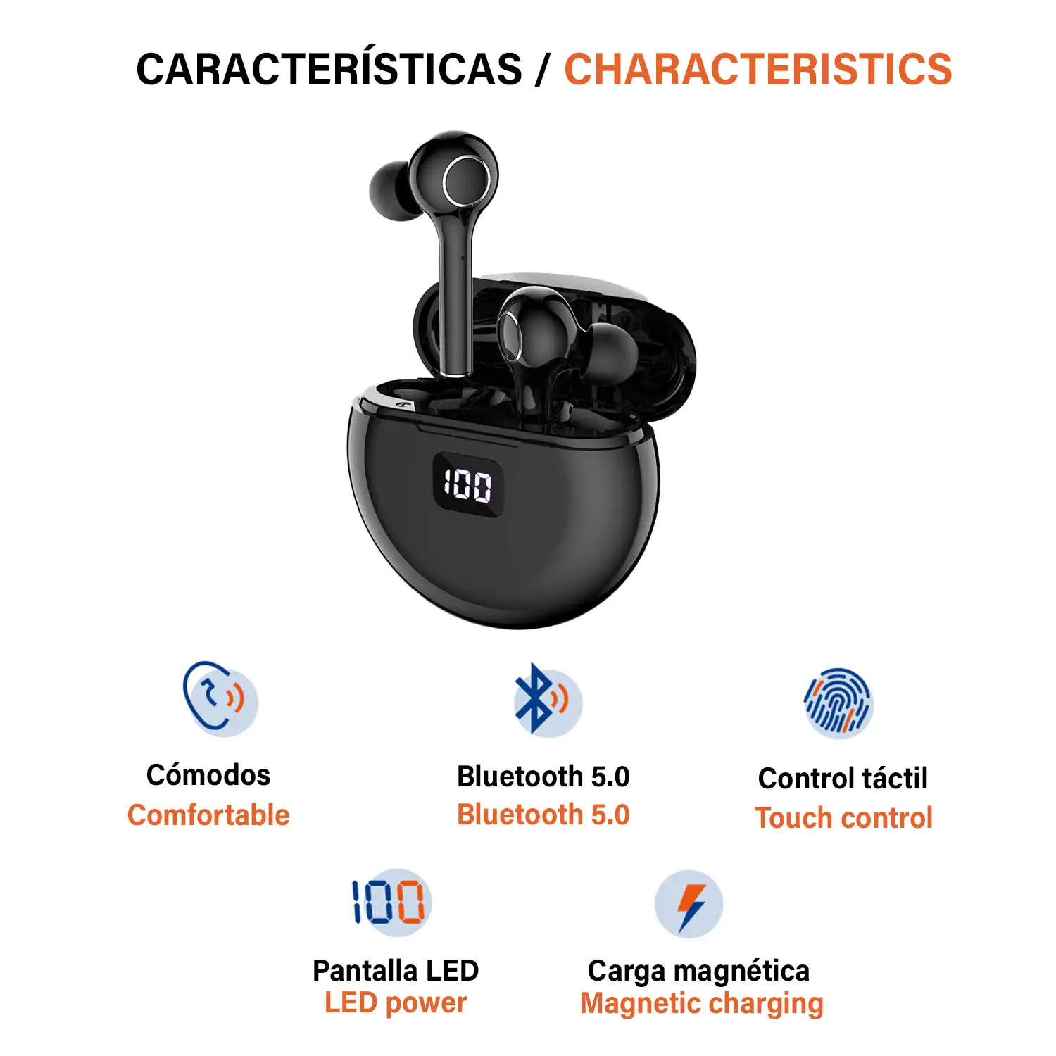 Auriculares TWS TW13 Bluetooth 5.0, táctiles. Base de carga con indicador de carga, 300mAh.