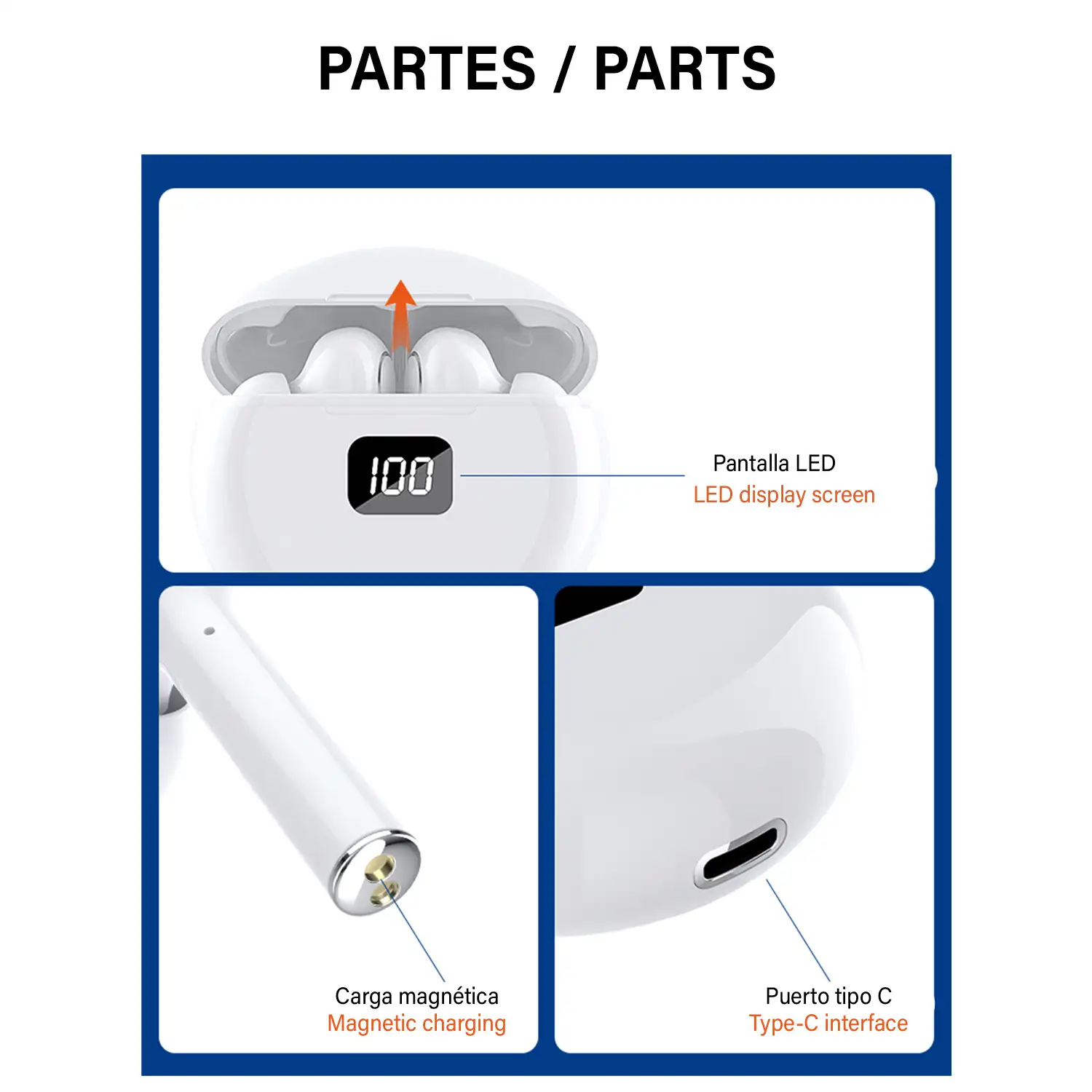 Auriculares TWS TW13 Bluetooth 5.0, táctiles. Base de carga con indicador de carga, 300mAh.