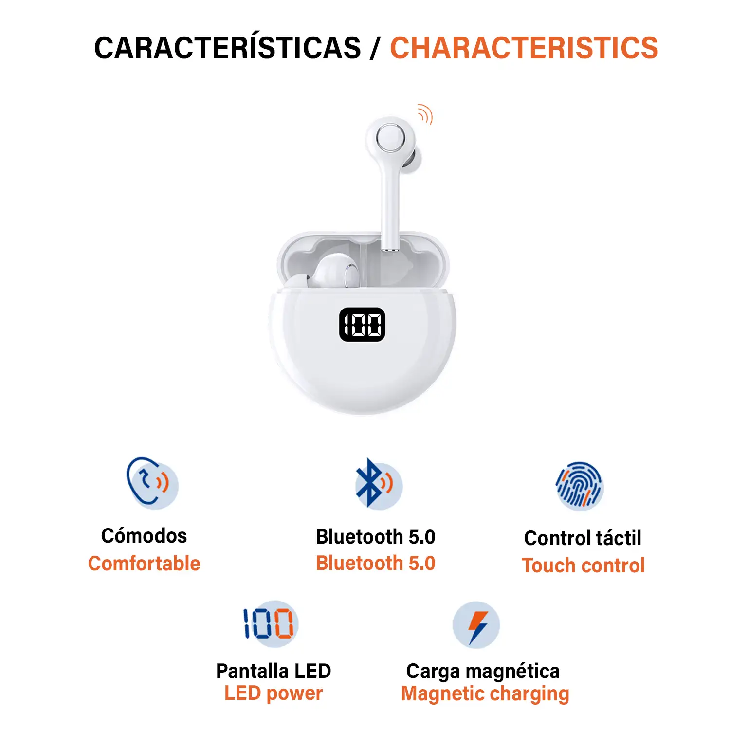 Auriculares TWS TW13 Bluetooth 5.0, táctiles. Base de carga con indicador de carga, 300mAh.