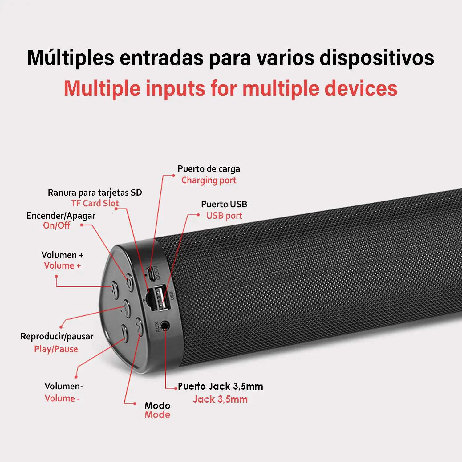 Altavoz barra de sonido A500 Bluetooth 5.0, 2 altavoces frontales. Entrada USB, tarjeta micro SD y jack 3.5. Radio FM.