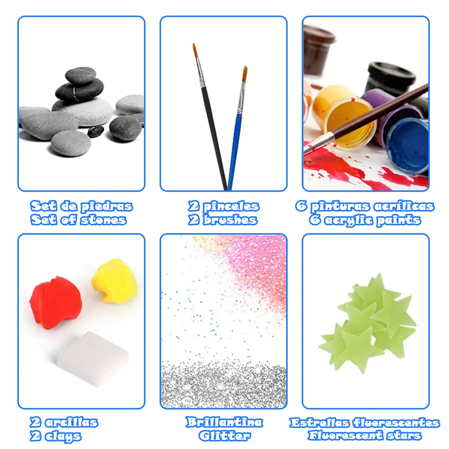 Kit creativo de pintura para piedras, con efecto de brillo en la oscuridad. Incluye pinceles, pinturas, pegatinas y polvos decorativos.