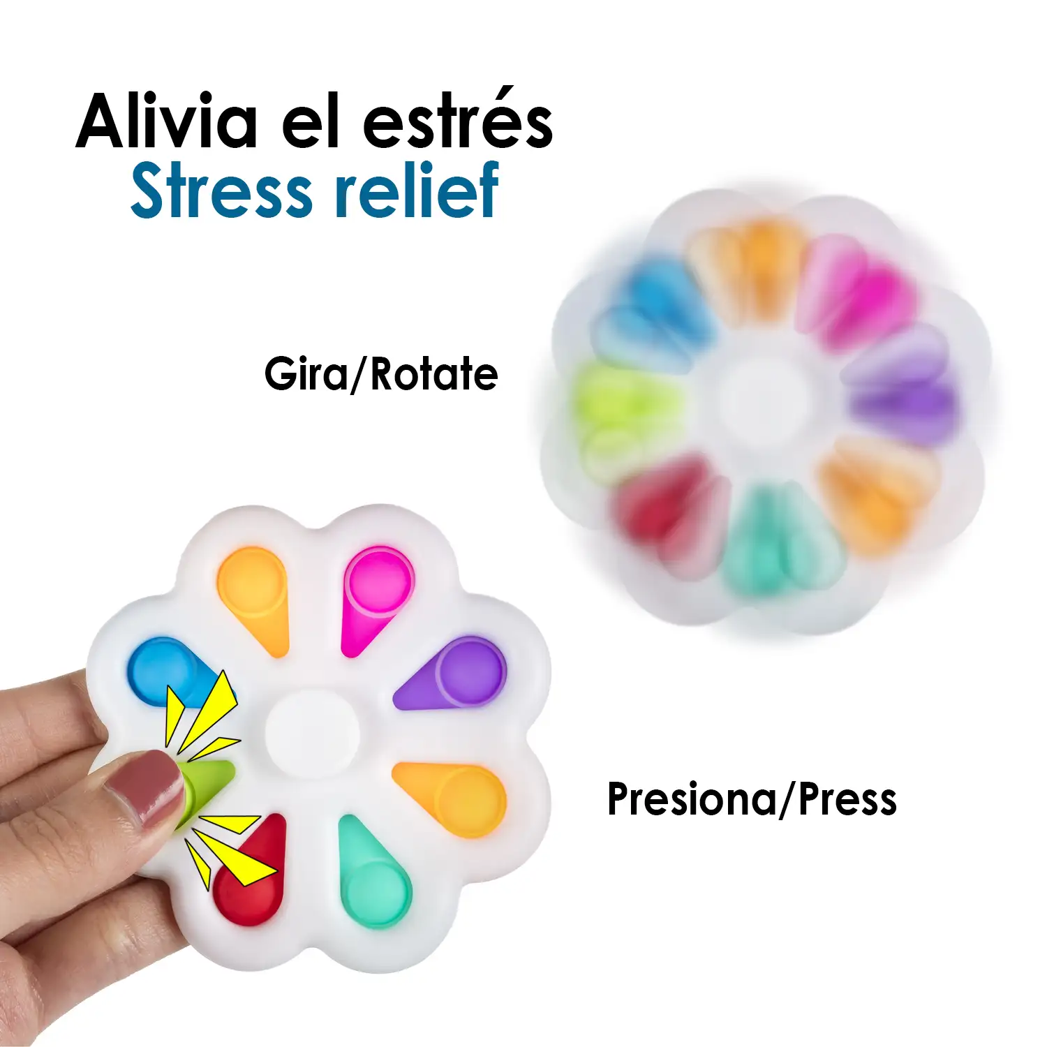 Exlusive Bubble Pop It y Spinner, juguete sensitivo desestresante, burbujas de silicona para apretar y pulsar. Diseño flor con pétalos interactivos y spinner central.