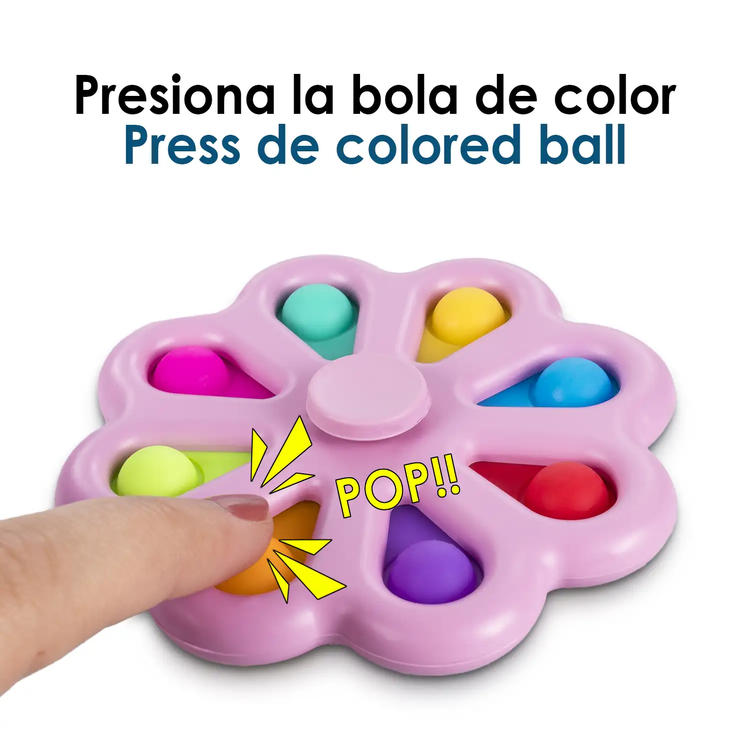 Exlusive Bubble Pop It y Spinner, juguete sensitivo desestresante, burbujas de silicona para apretar y pulsar. Diseño flor con pétalos interactivos y spinner central.