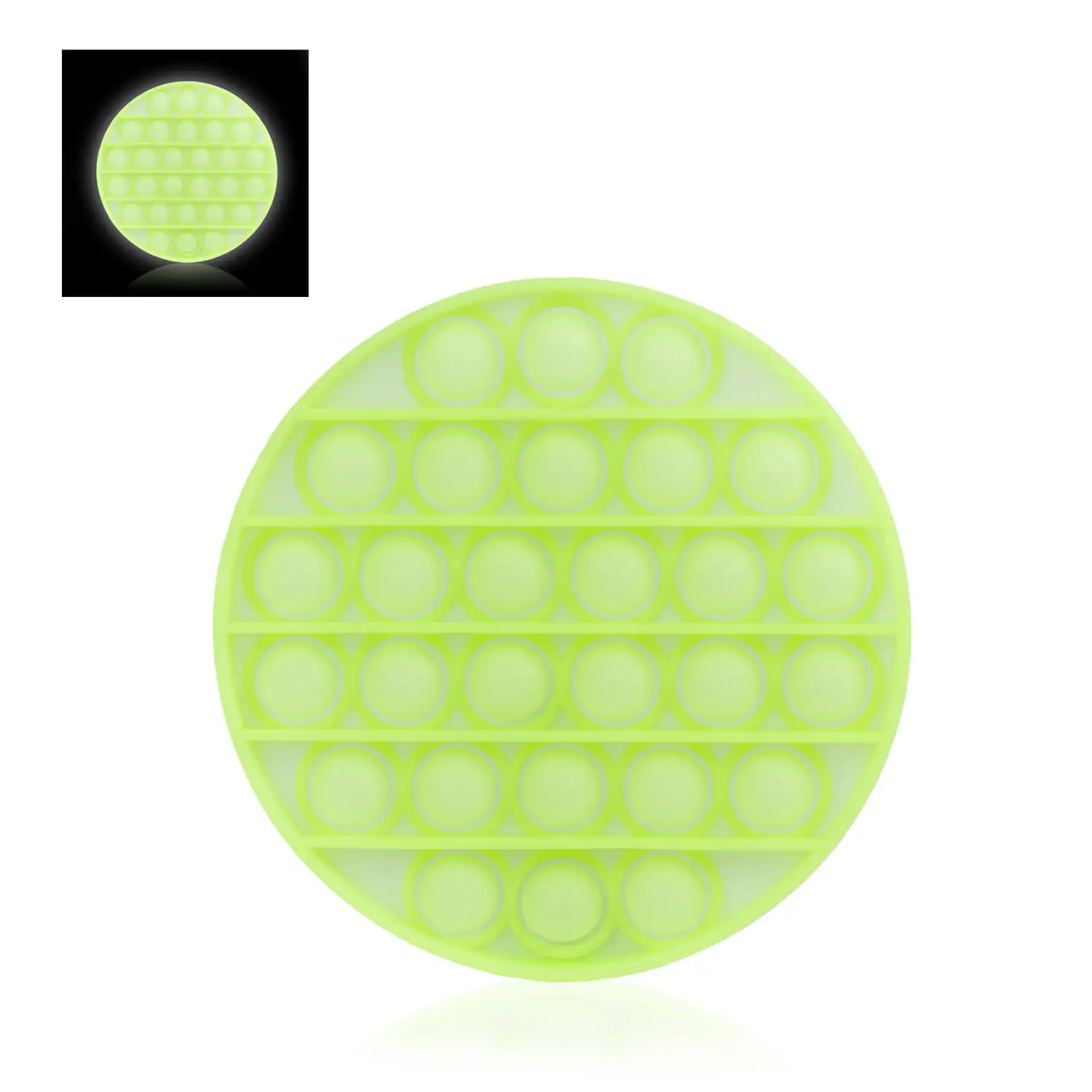 Bubble Pop It Glow juguete sensitivo desestresante, burbujas de silicona para apretar y pulsar. Diseño redondo fluorescente, brilla en la oscuridad.