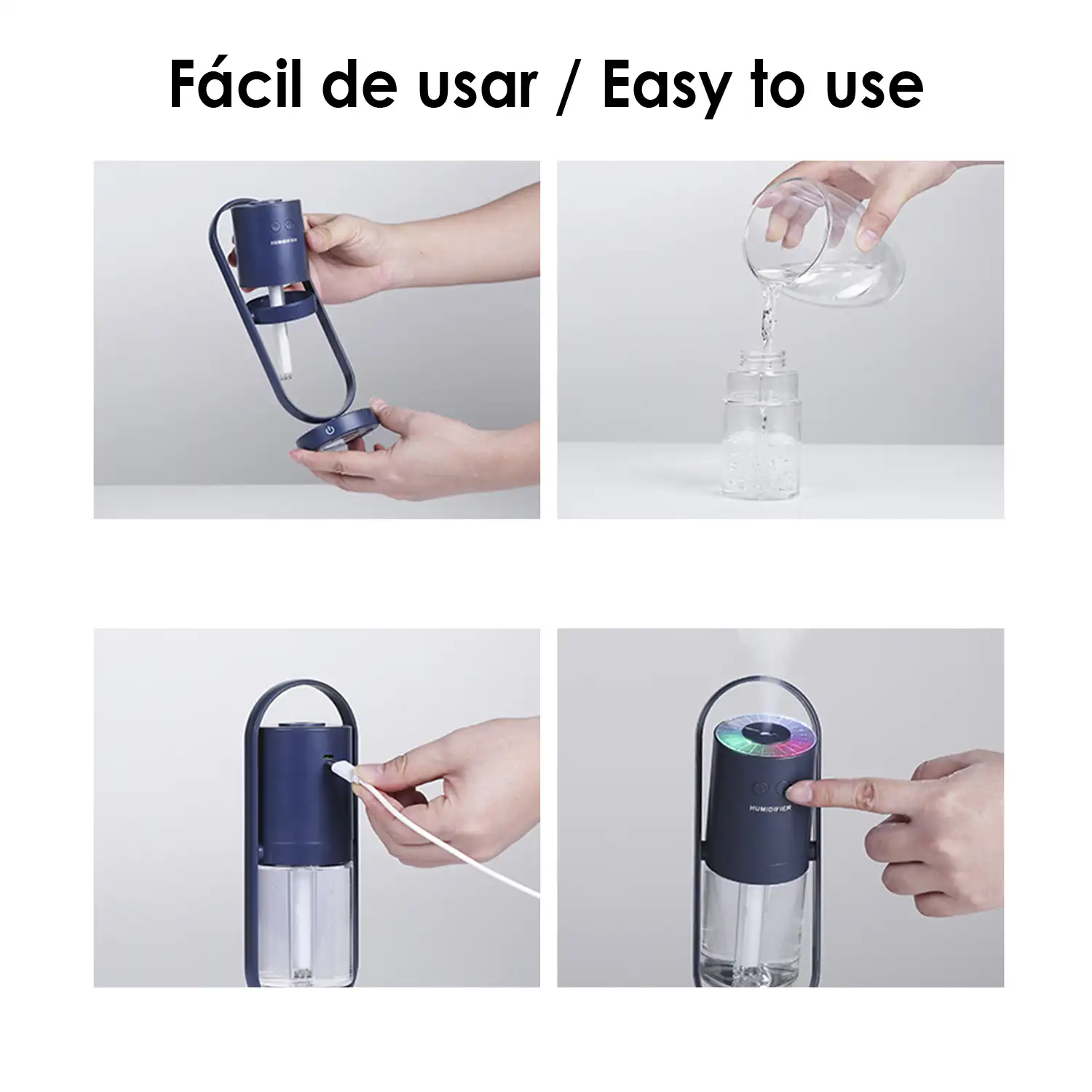 Humidificador multifunción de 200 ml con luces LED multicolor. Función esterilización, compatible con hidroalcohol.