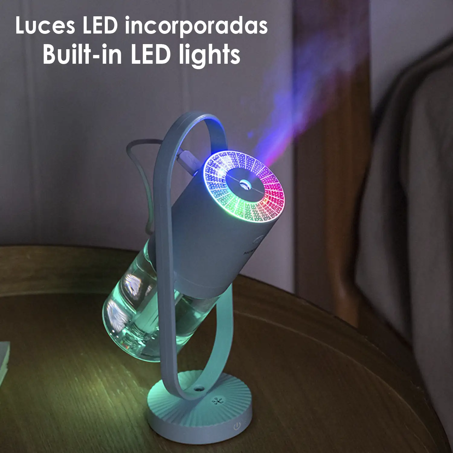 Humidificador multifunción de 200 ml con luces LED multicolor. Función esterilización, compatible con hidroalcohol.