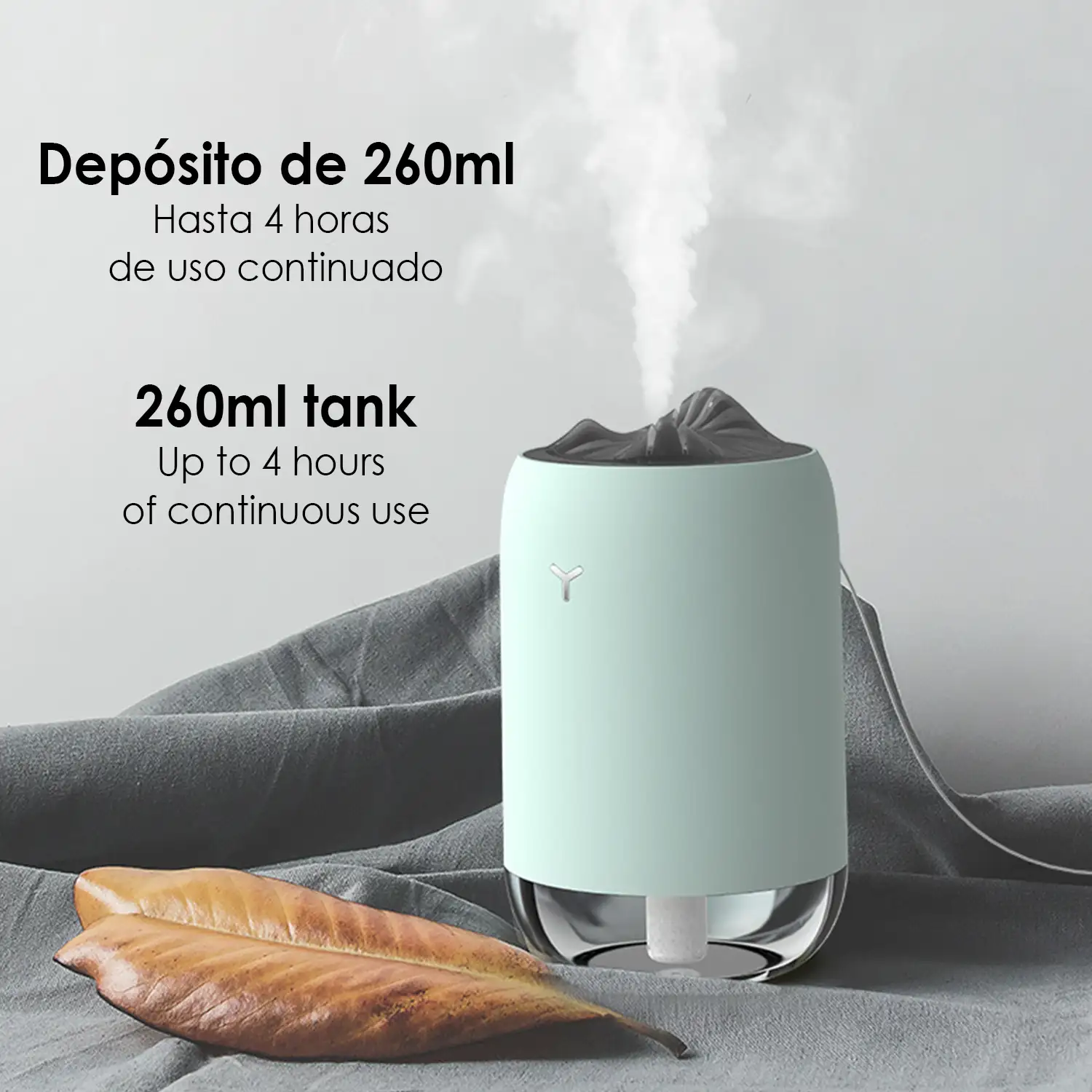 Mini humidificador de 260 ml con luz led ambiental. Función esterilización, compatible con hidroalcohol.