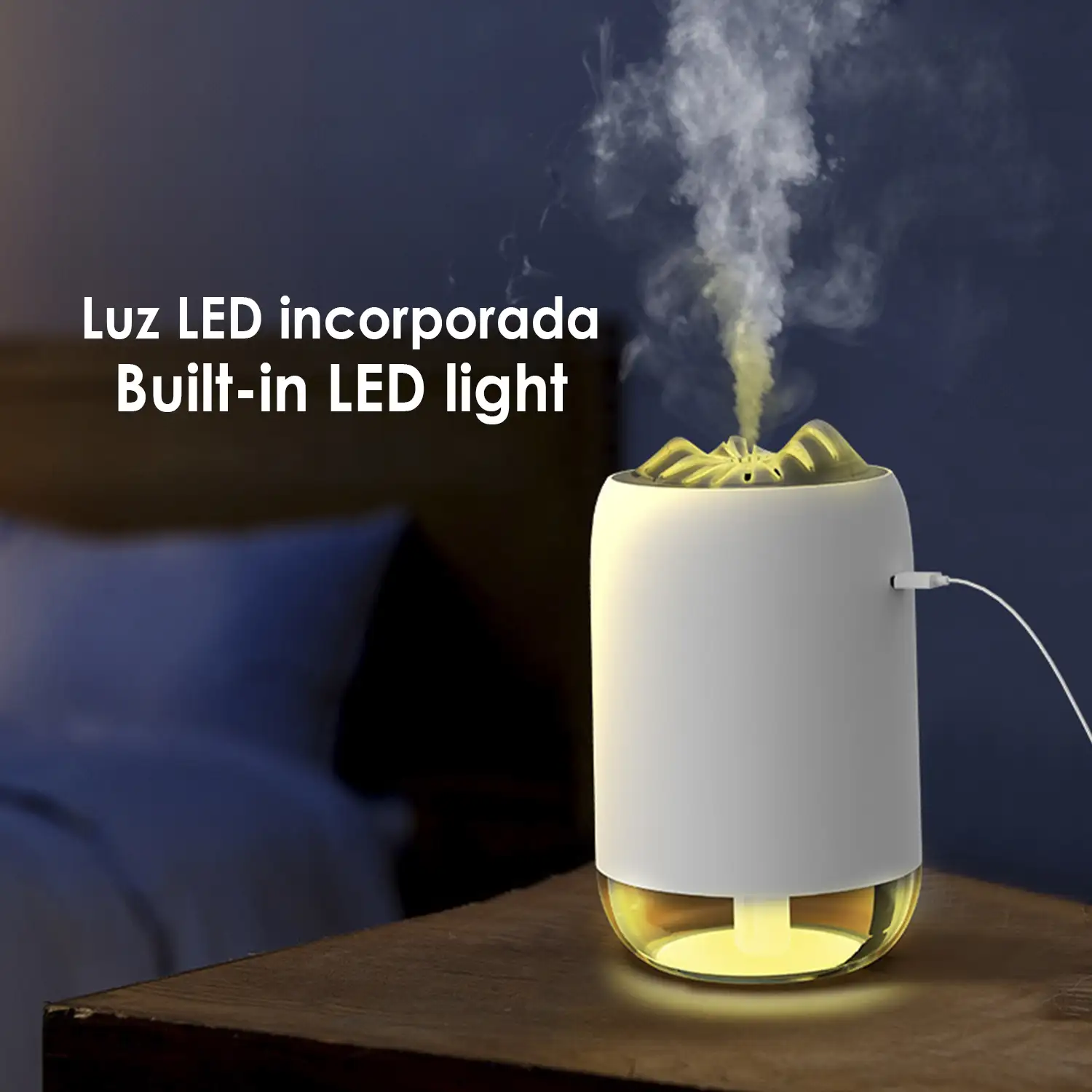 Mini humidificador de 260 ml con luz led ambiental. Función esterilización, compatible con hidroalcohol.