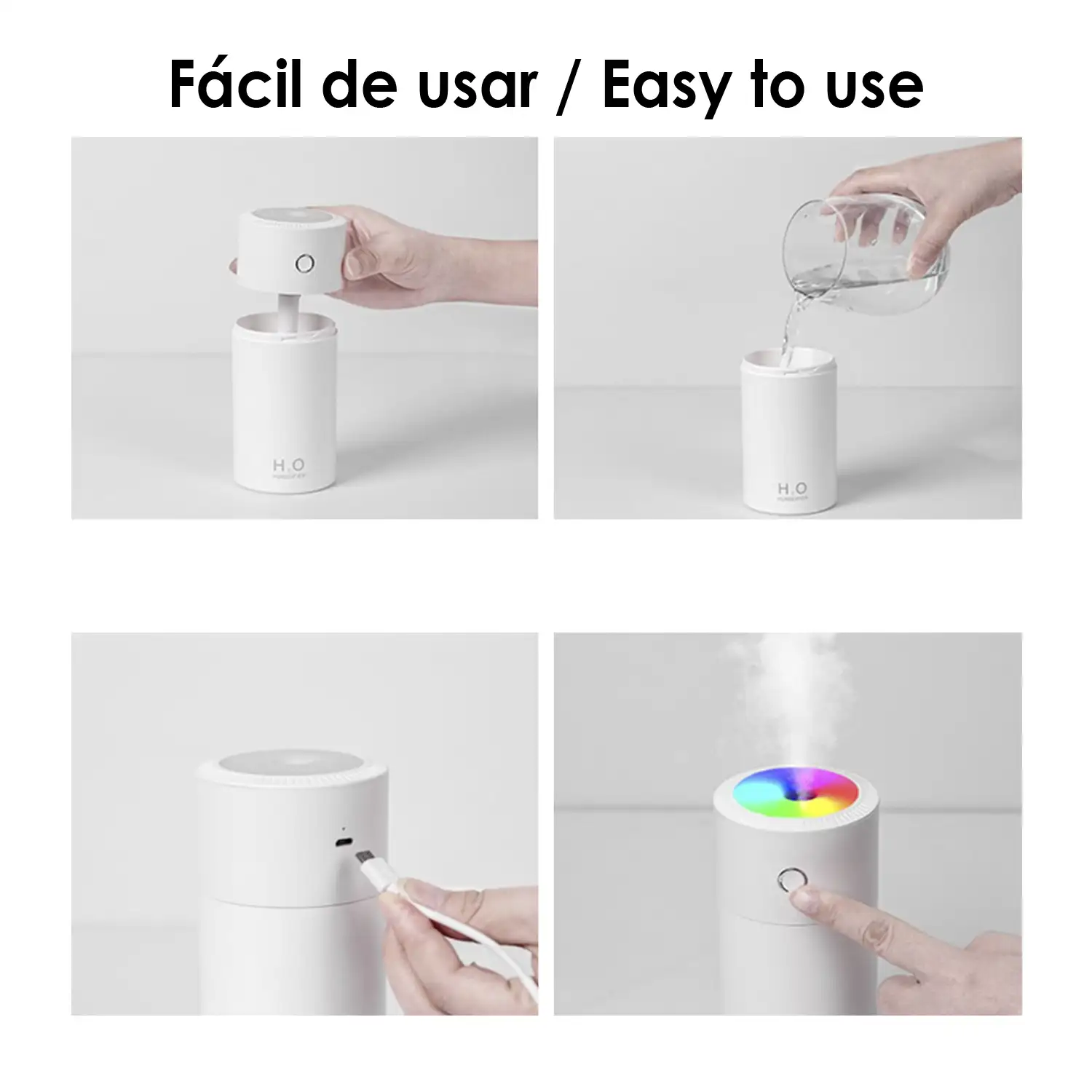 Humidificador de 310 ml con luz led ambiental multicolor. Función esterilización, compatible con hidroalcohol.