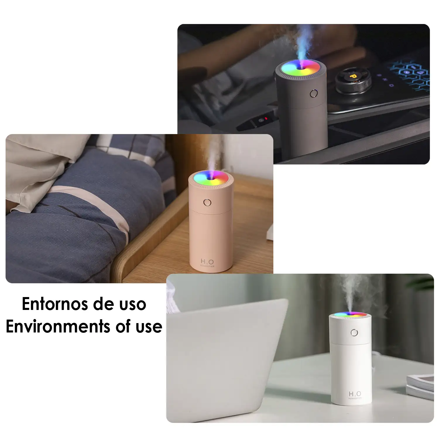 Humidificador de 310 ml con luz led ambiental multicolor. Función esterilización, compatible con hidroalcohol.