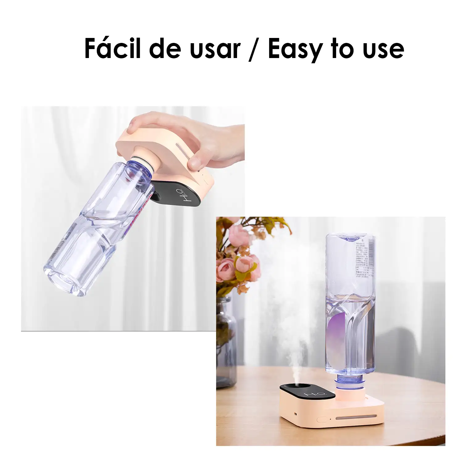 Humidificador universal con adaptador para botellas de agua. Batería recargable incorporada. Adaptador con tapón de rosca de 30mm.