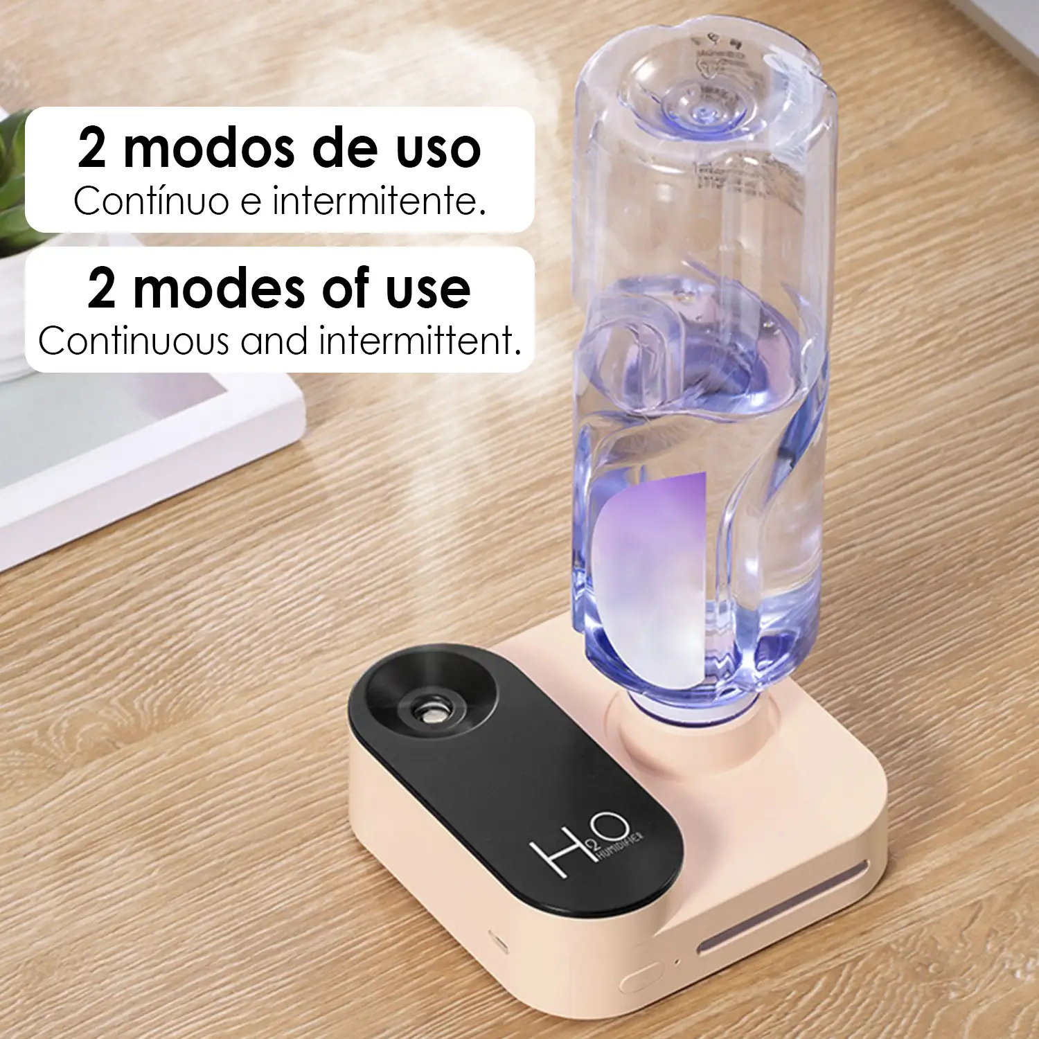 Humidificador universal con adaptador para botellas de agua. Batería recargable incorporada. Adaptador con tapón de rosca de 30mm.