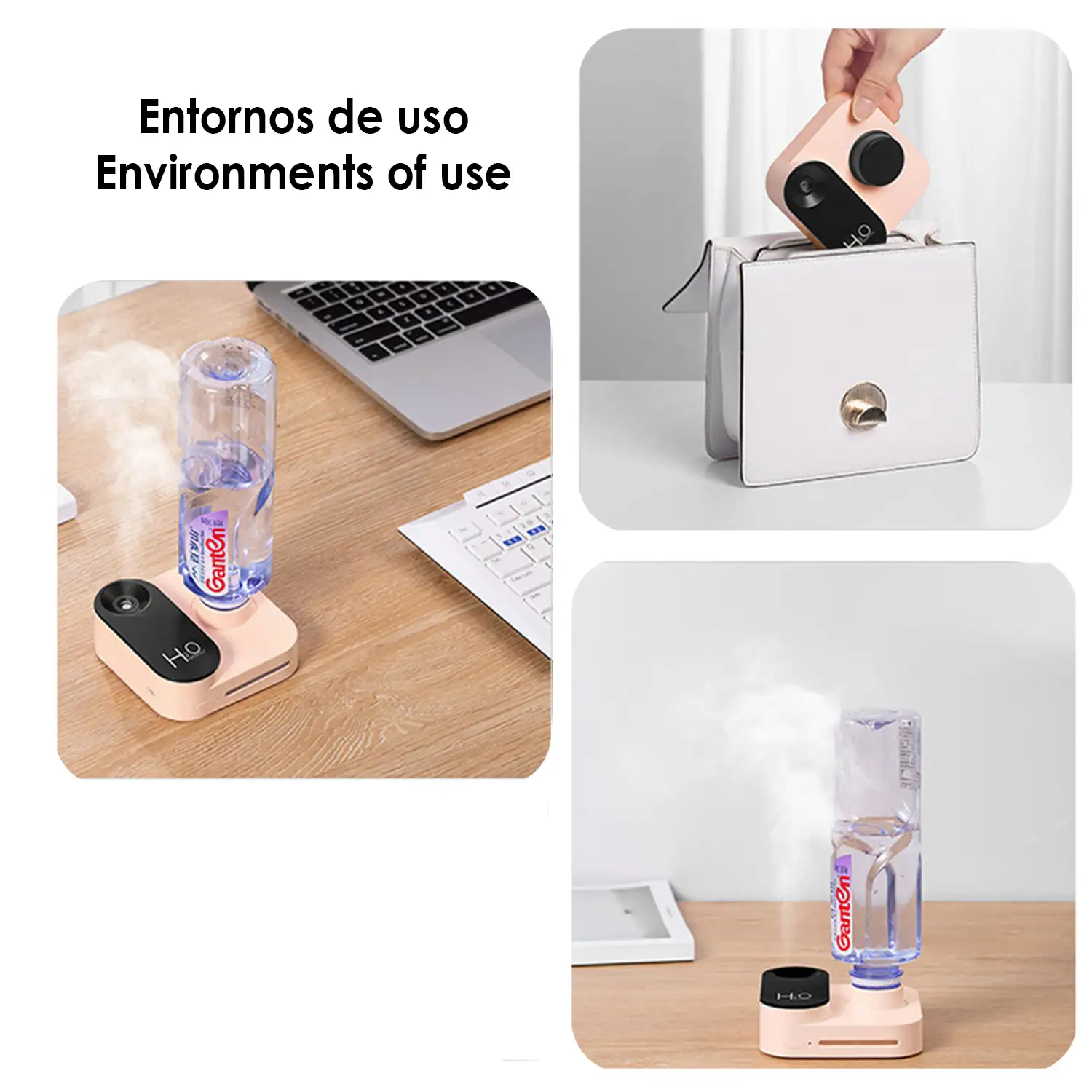 Humidificador universal con adaptador para botellas de agua. Batería recargable incorporada. Adaptador con tapón de rosca de 30mm.