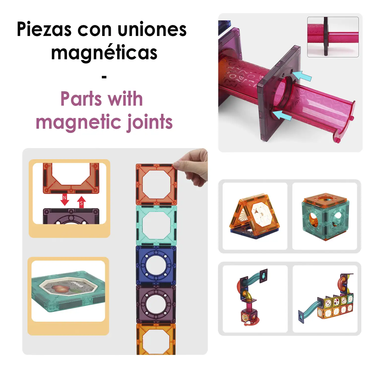 Juego de carrera de canicas. Piezas magnéticas transparentes, bloques de construcción. 78 piezas.