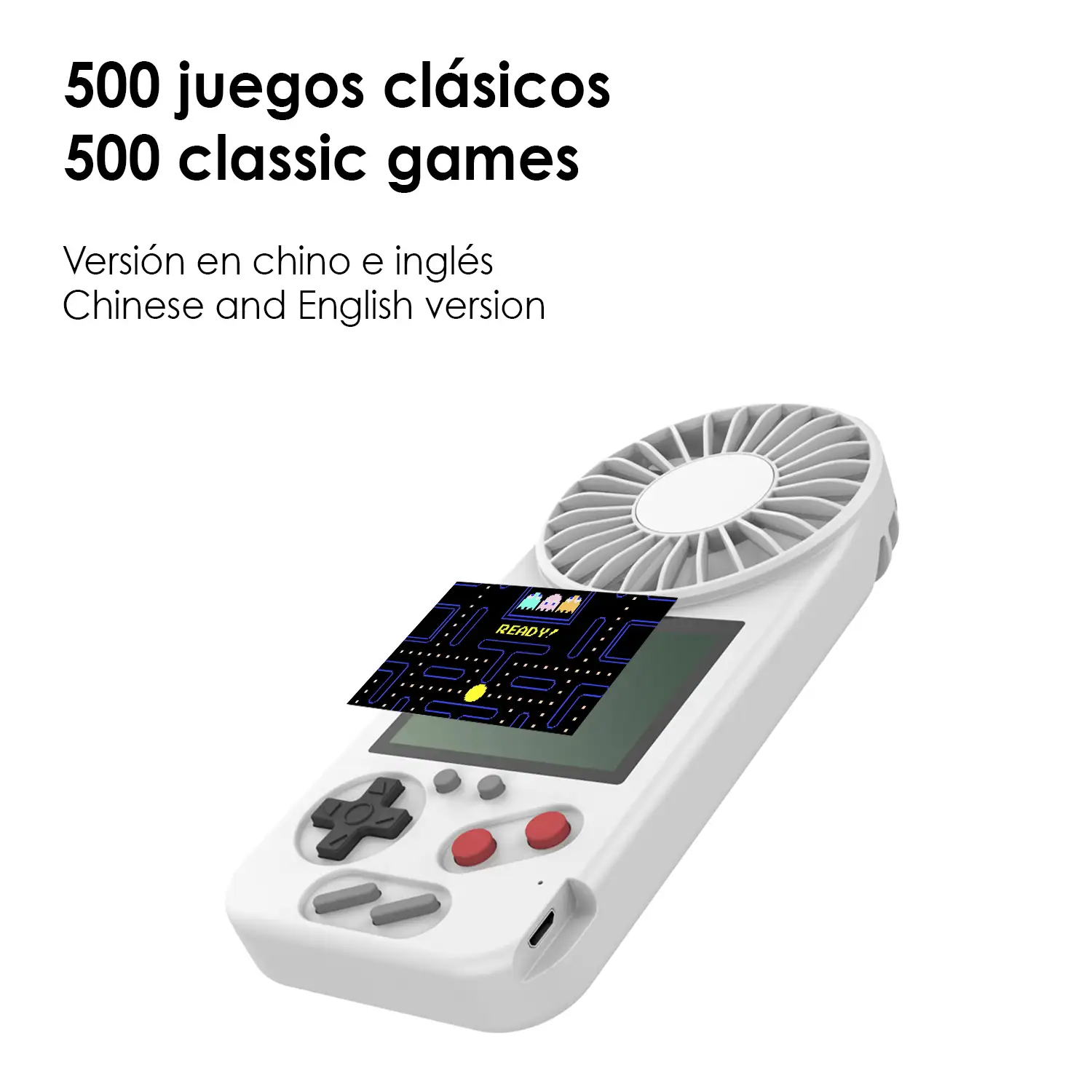 Consola portátil D-5 con 500 juegos y ventilador incorporado. Pantalla a color de 2,4 pulgadas.