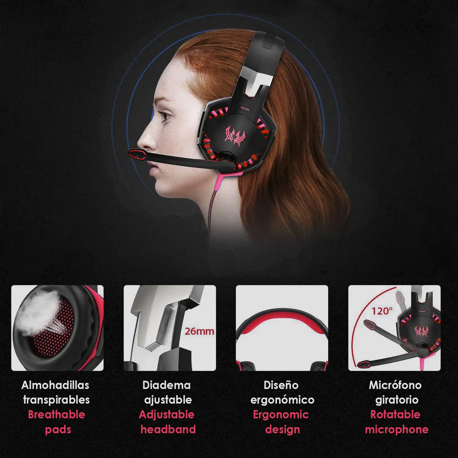 Headset Kotion Each G2000. Auriculares gaming con micro, conexión minijack y luces LED. Portátil, PS4, Xbox One, móvil, tablet