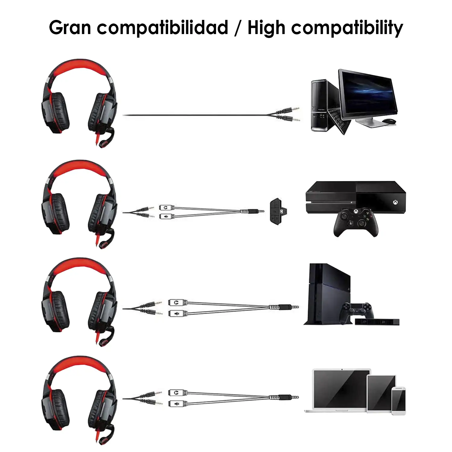 Headset Kotion Each G2000. Auriculares gaming con micro, conexión minijack y luces LED. Portátil, PS4, Xbox One, móvil, tablet