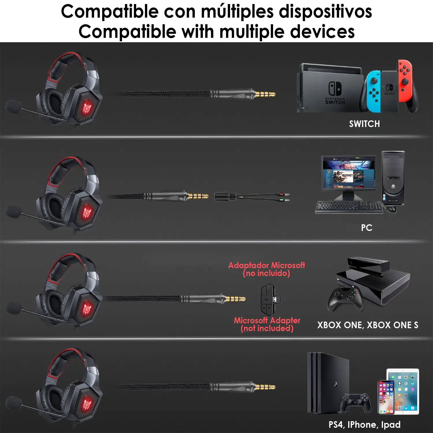 Headset Onikuma K8. Auriculares gaming con micrófono omnidireccional y reducción de ruido. Conexión minijack, luces LED. Compatible con smartphone, PS4, PS5, PC, etc.