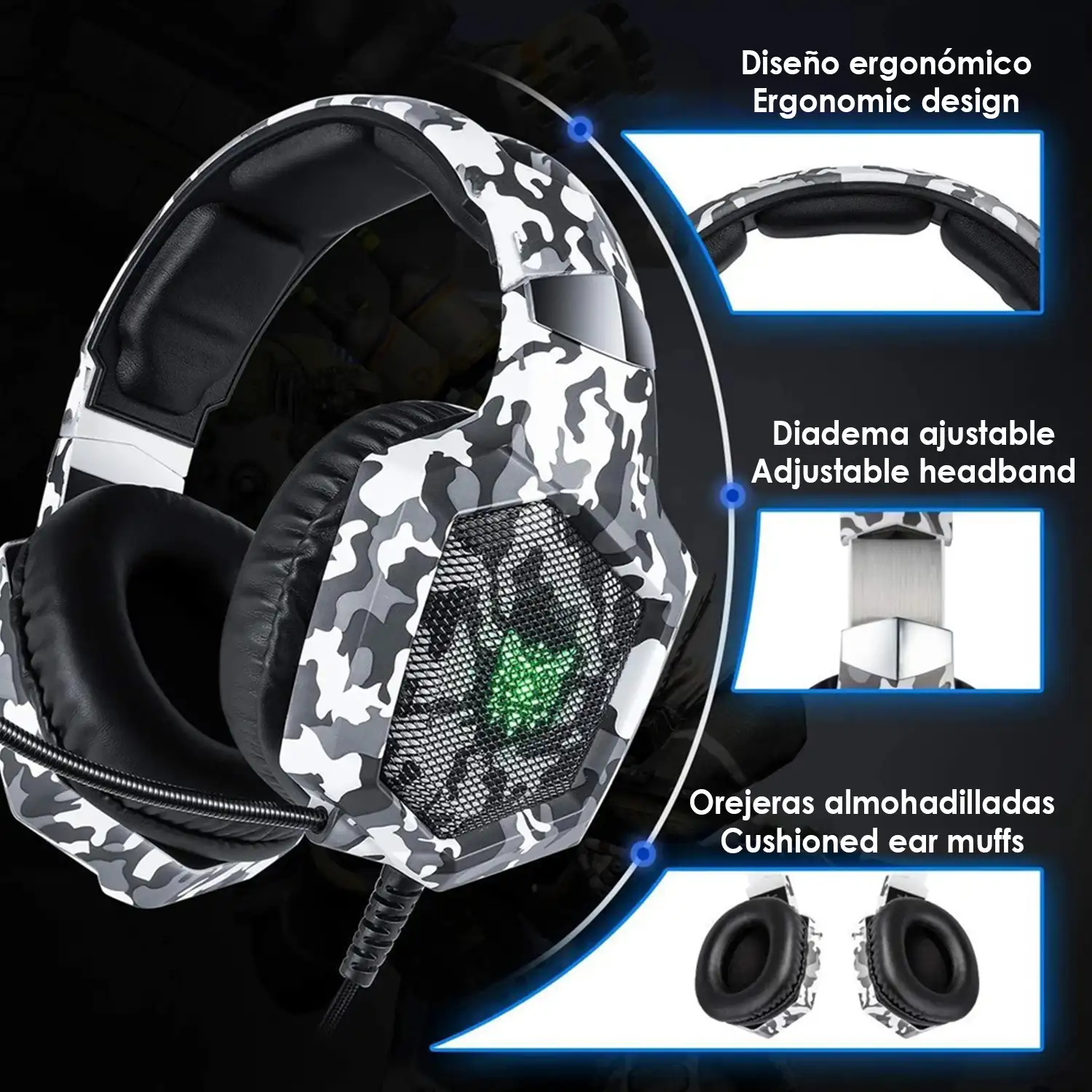 Headset Onikuma K8. Auriculares gaming con micrófono omnidireccional y reducción de ruido. Conexión minijack, luces LED. Compatible con smartphone, PS4, PS5, PC, etc.