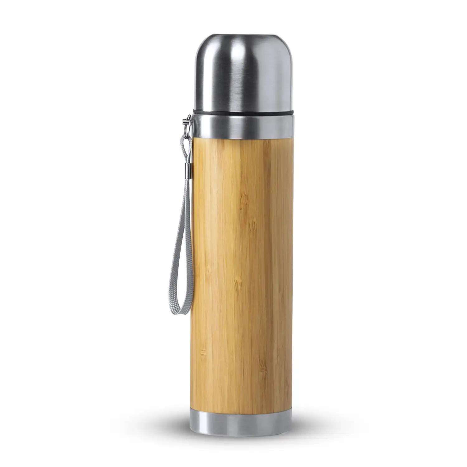 Tiaky termo frio/calor doble pared de bambú y acero inox de 420ml. Cobertura para conservar de la temperatura y cierre con tapón taza.