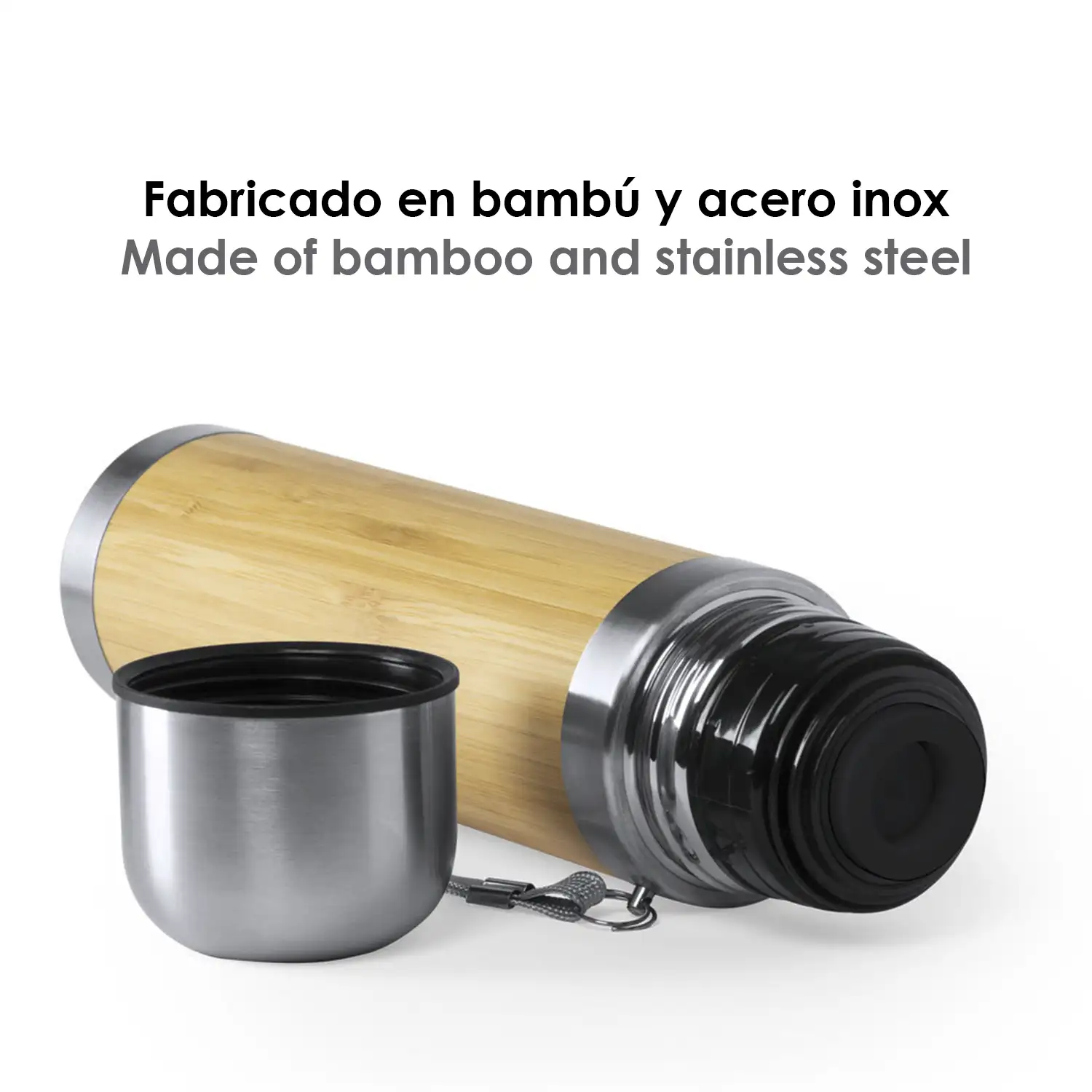 Tiaky termo frio/calor doble pared de bambú y acero inox de 420ml. Cobertura para conservar de la temperatura y cierre con tapón taza.