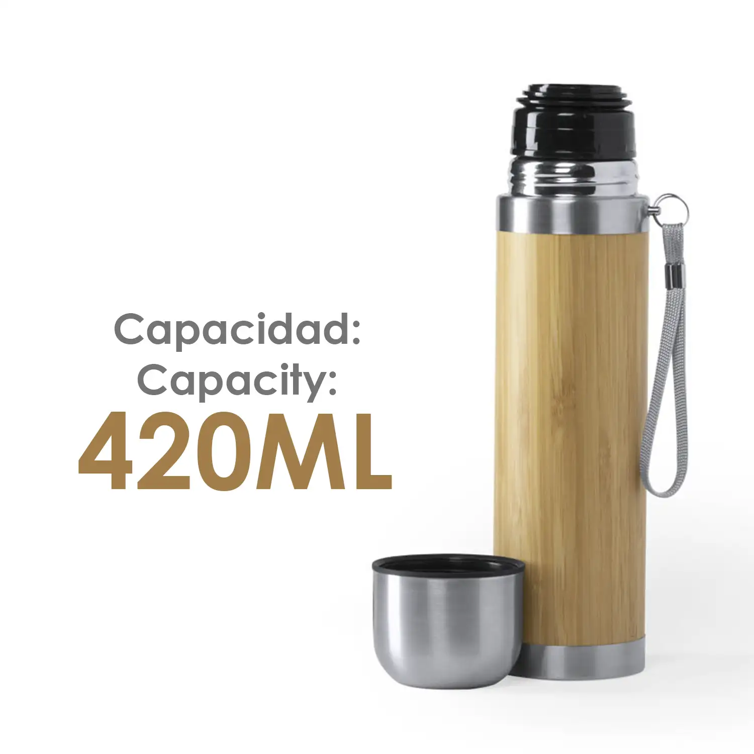 Tiaky termo frio/calor doble pared de bambú y acero inox de 420ml. Cobertura para conservar de la temperatura y cierre con tapón taza.