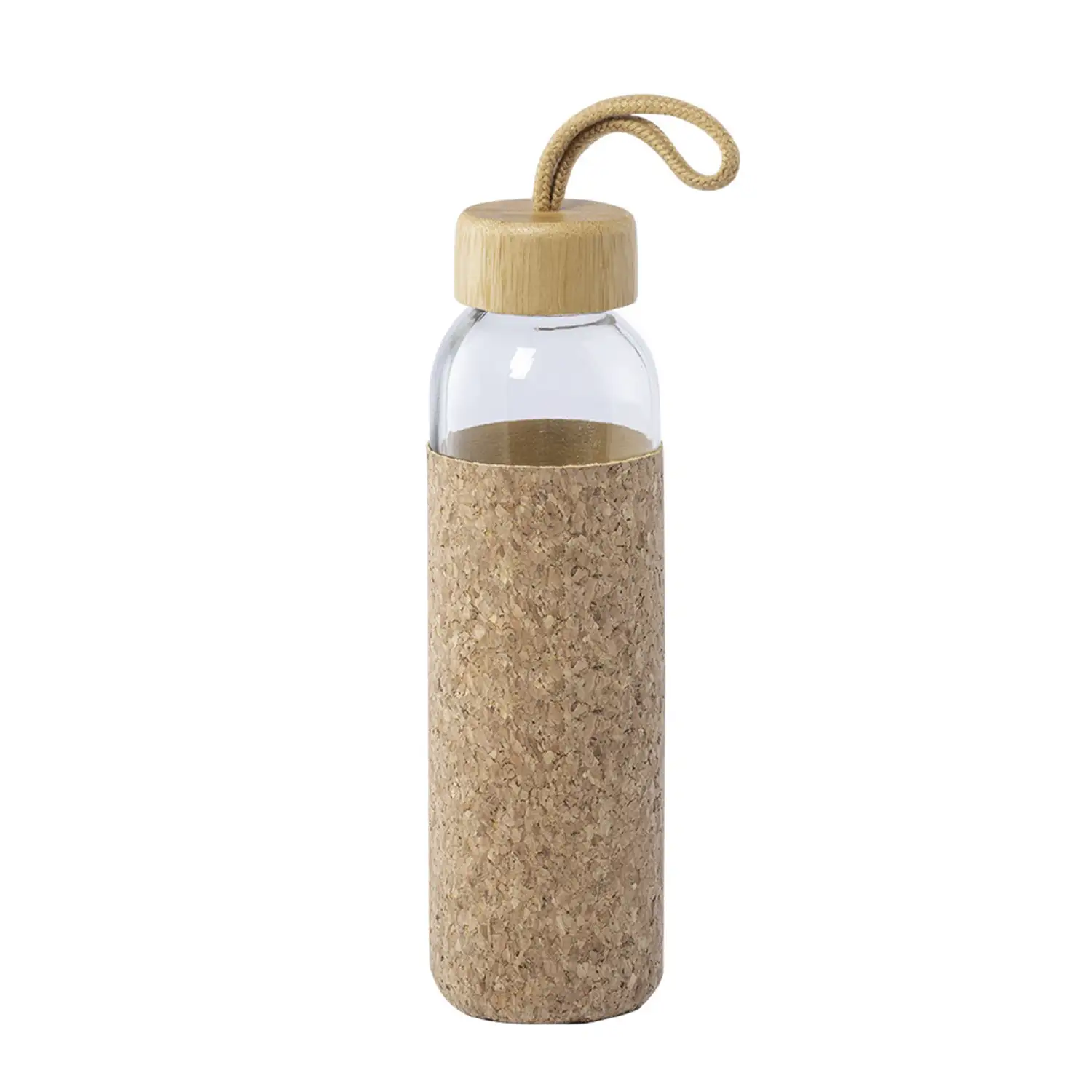 Trupak bidón Nature de 500 ml. Cuerpo de cristal y tapón a rosca de bambú, asa de transporte trenzada en color natural y funda de corcho natural.