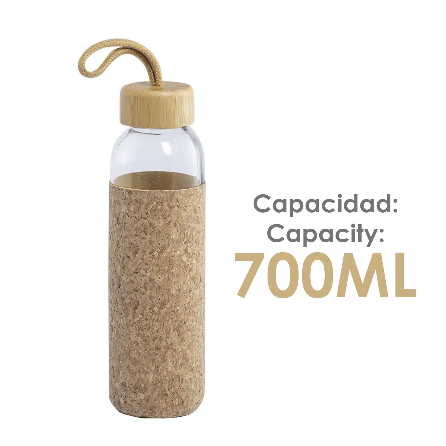 Trupak bidón Nature de 500 ml. Cuerpo de cristal y tapón a rosca de bambú, asa de transporte trenzada en color natural y funda de corcho natural.