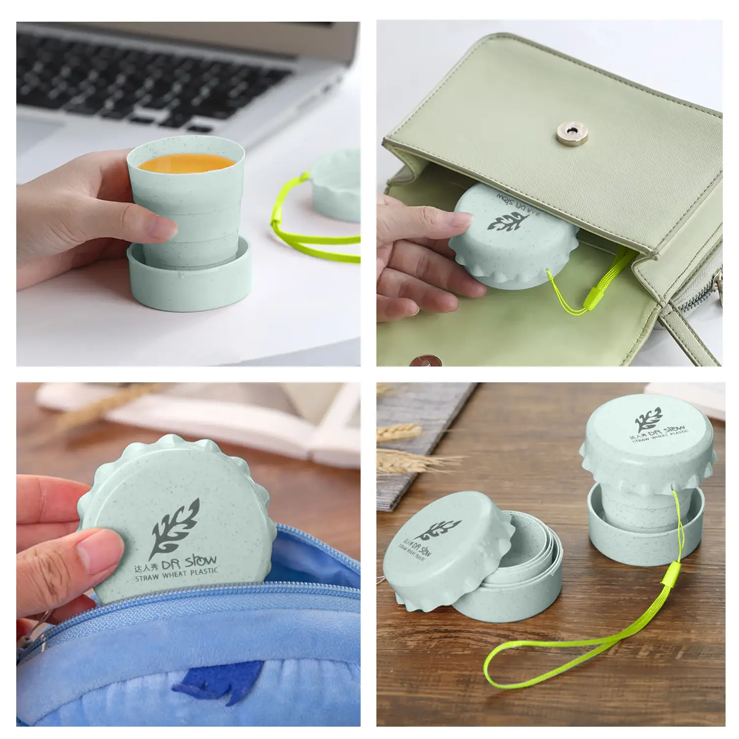 Vaso plegable de fibras naturales 130ml. Fabricado en caña de trigo, con lanyard para colgar.