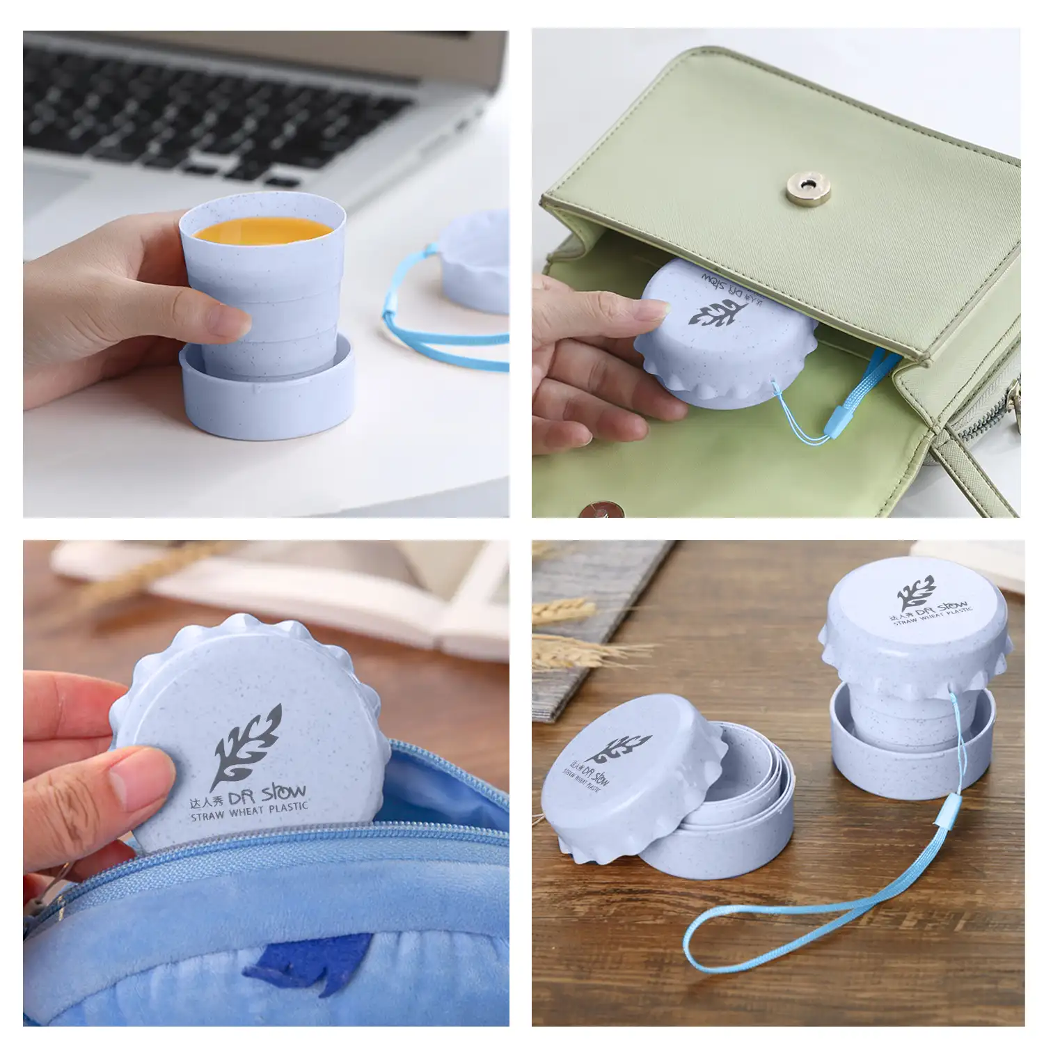 Vaso plegable de fibras naturales 130ml. Fabricado en caña de trigo, con lanyard para colgar.
