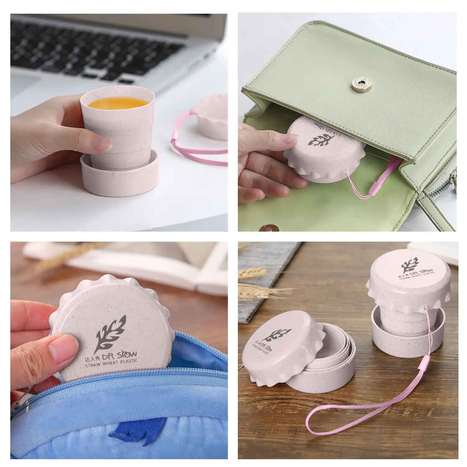 Vaso plegable de fibras naturales 130ml. Fabricado en caña de trigo, con lanyard para colgar.