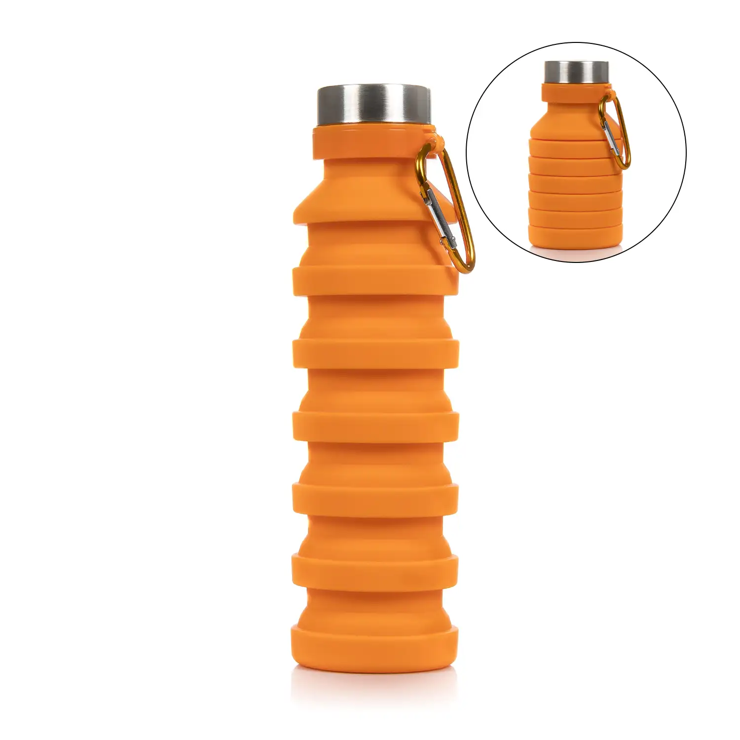 Botella deportiva plegable de silicona. 470 a 550ml, libre de BPA, tapón de rosca de acero inoxidable.