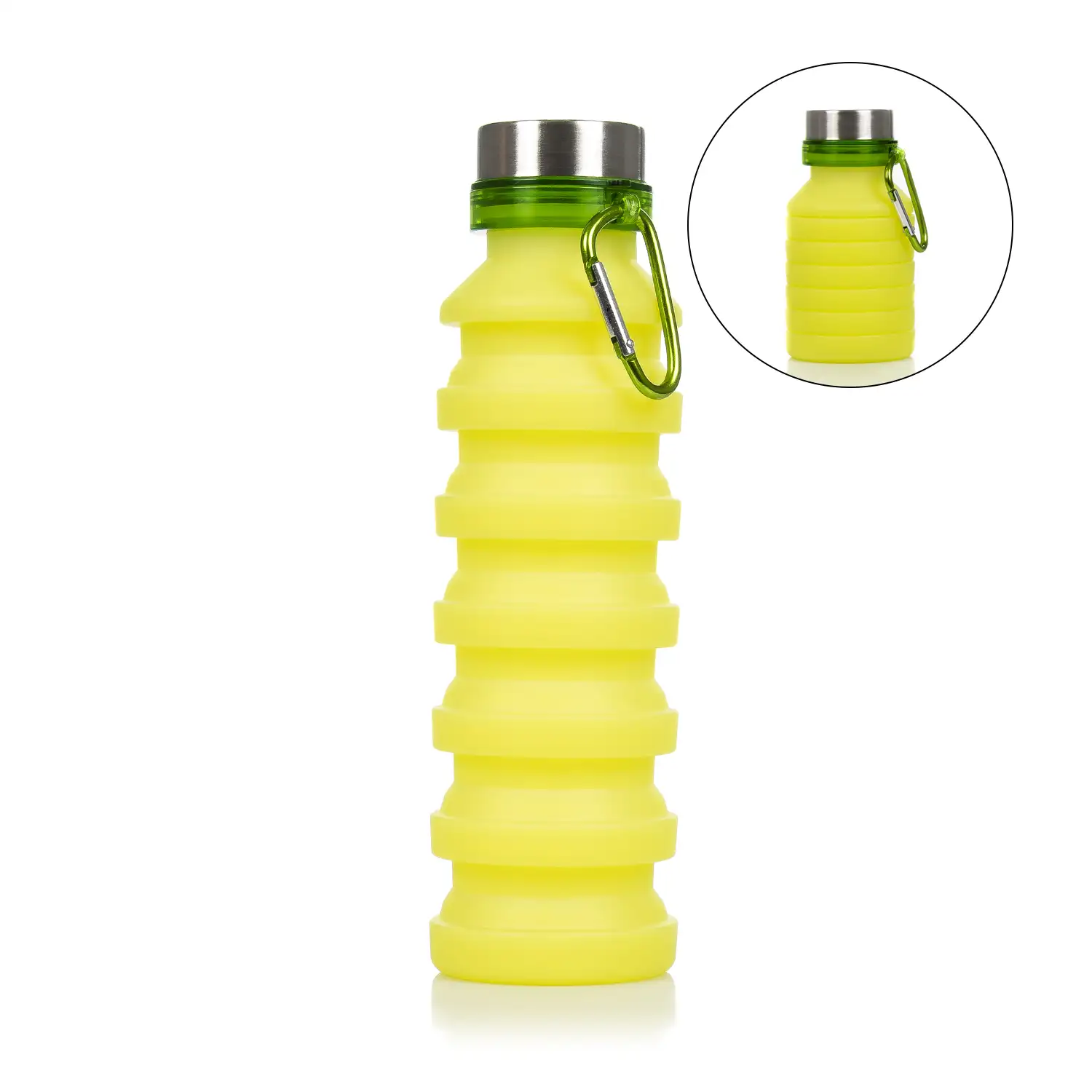 Botella deportiva plegable de silicona. 470 a 550ml, libre de BPA, tapón de rosca de acero inoxidable.