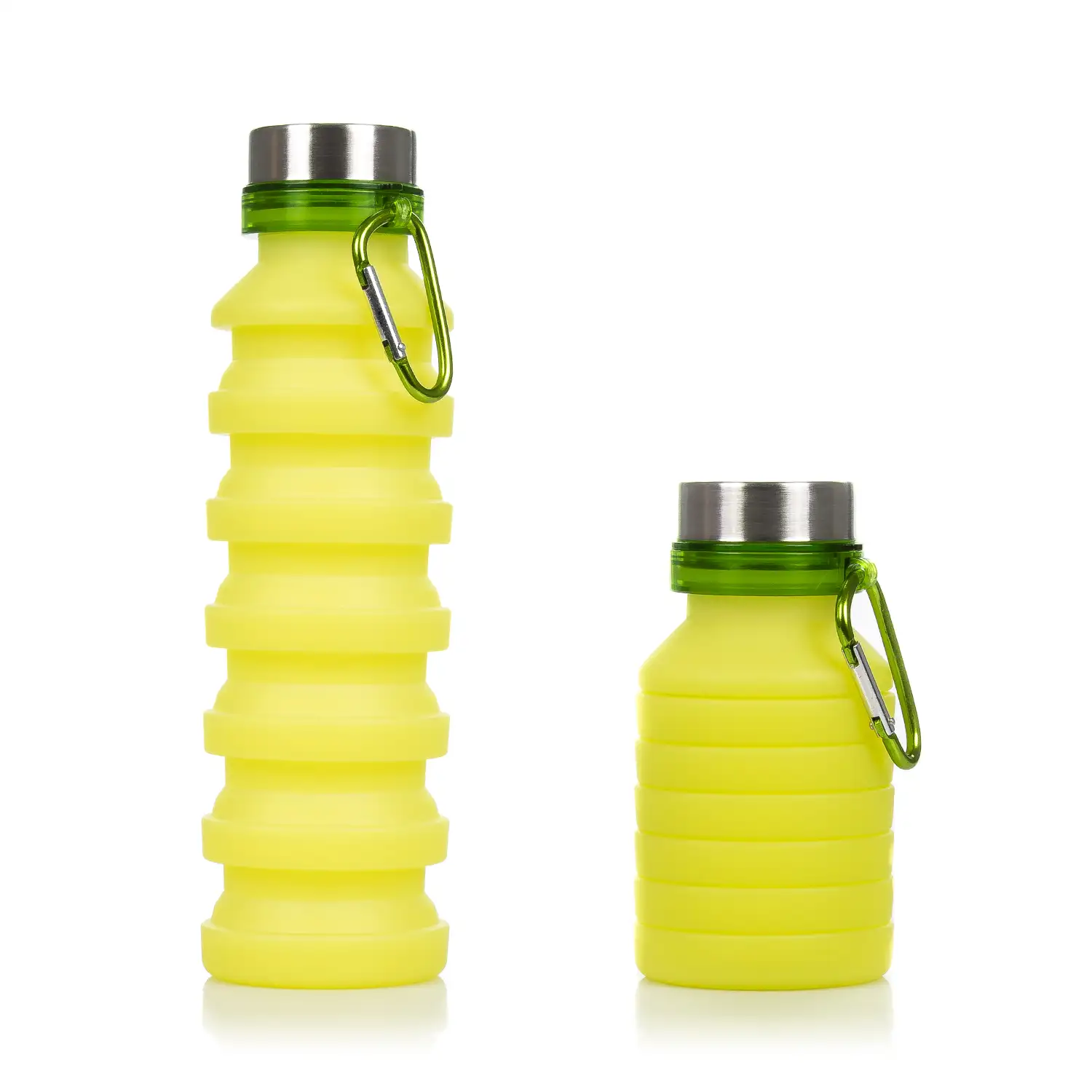 Botella deportiva plegable de silicona. 470 a 550ml, libre de BPA, tapón de rosca de acero inoxidable.