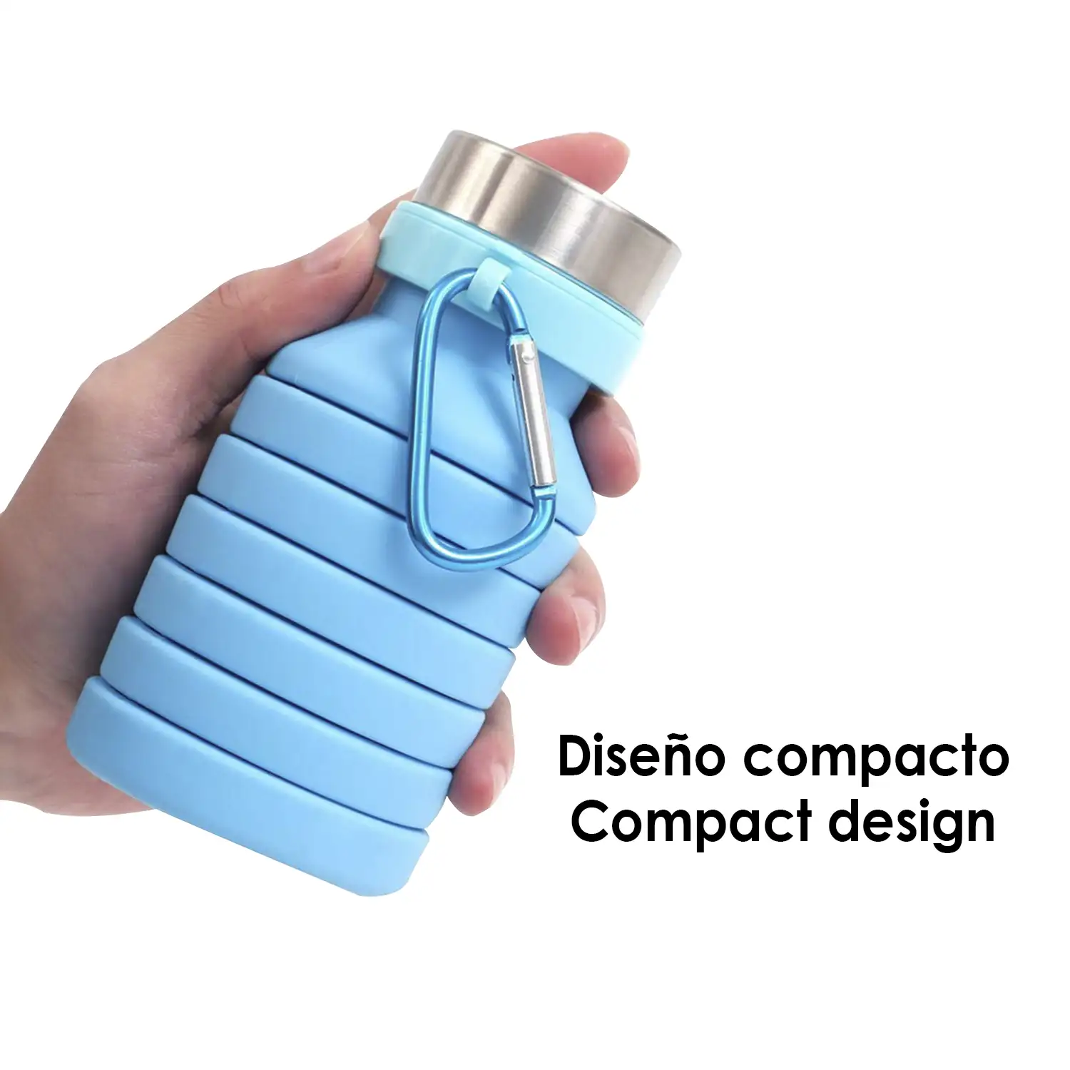 Botella deportiva plegable de silicona. 470 a 550ml, libre de BPA, tapón de rosca de acero inoxidable.