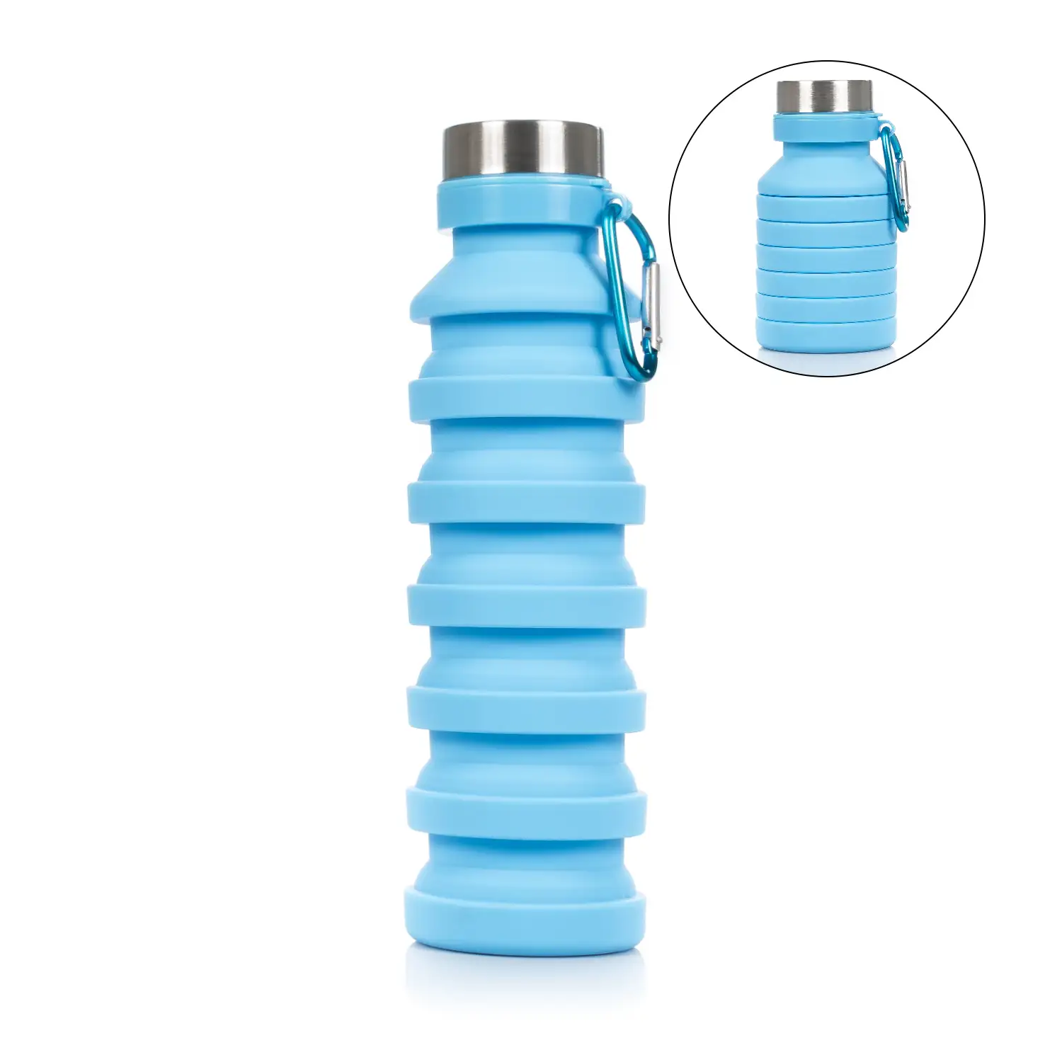 Botella deportiva plegable de silicona. 470 a 550ml, libre de BPA, tapón de rosca de acero inoxidable.